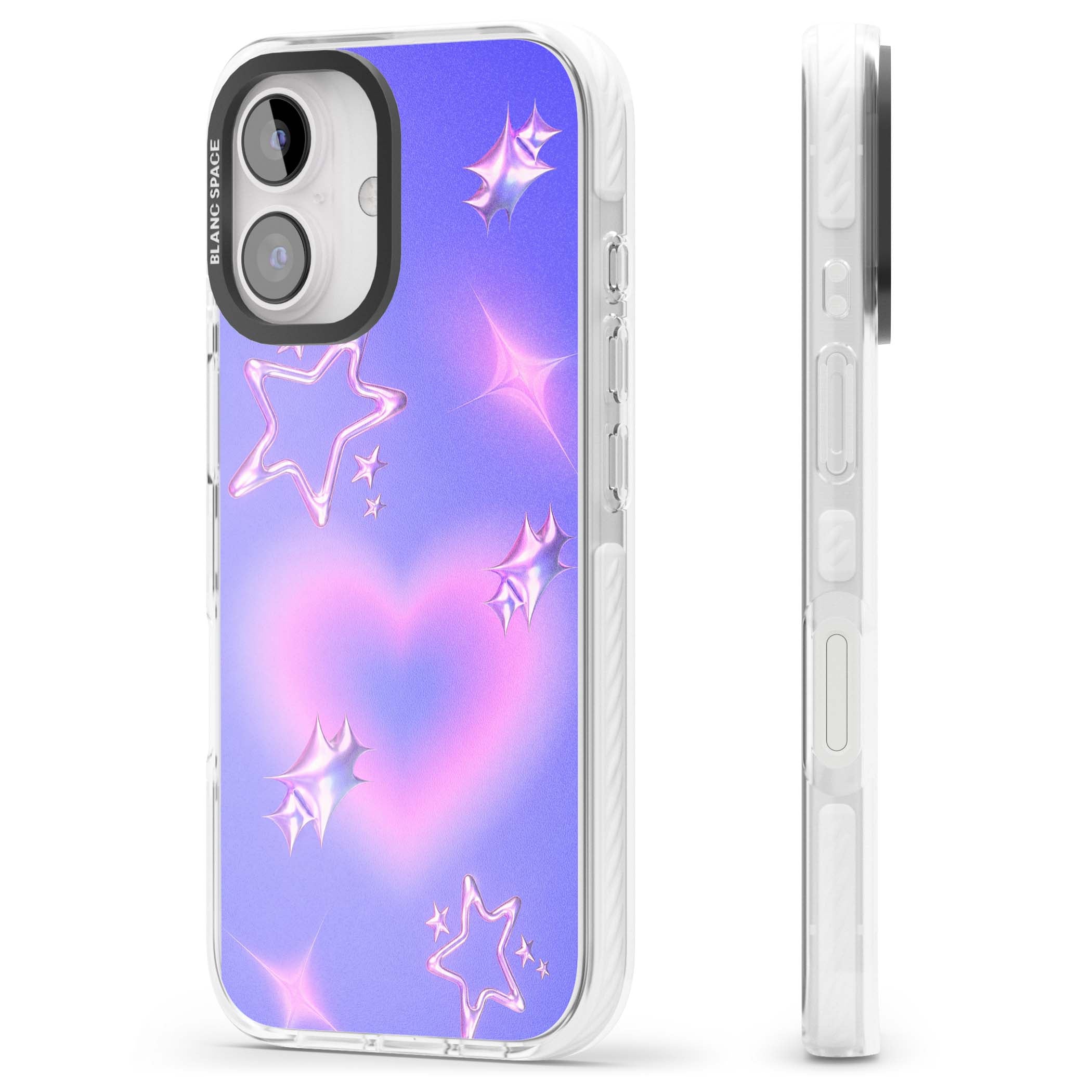 Soft Sugar Y2K iPhone case featuring iridescent chrome hearts, metallic pink stars and a lavender gradient sky | Clear Impact case for iPhone 16, iPhone 16 Plus