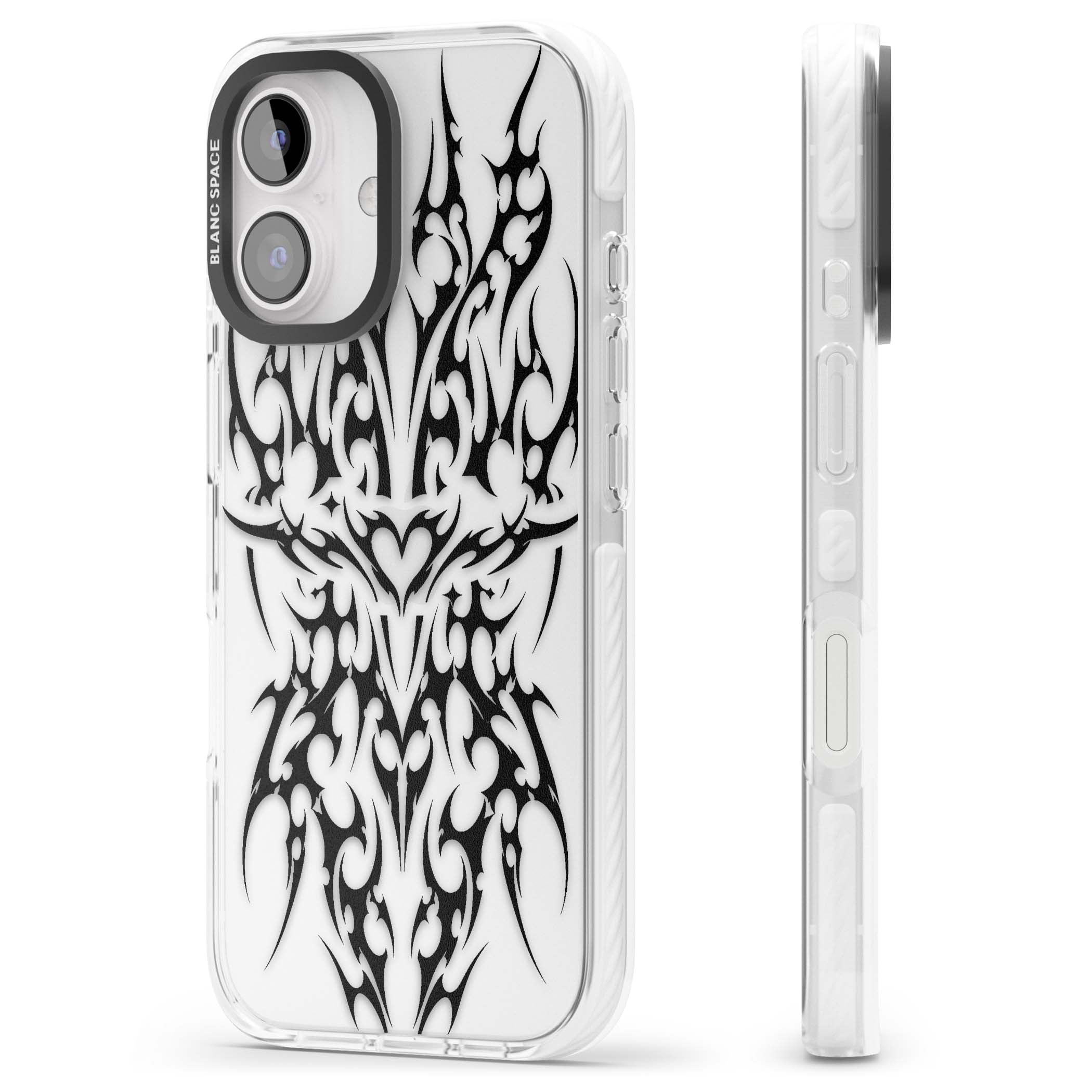 Neo Tribal Heart gothic iPhone case featuring symmetrical black tribal tattoo art with sharp thorn-like linework | Clear Impact case for iPhone 16, iPhone 16 Plus
