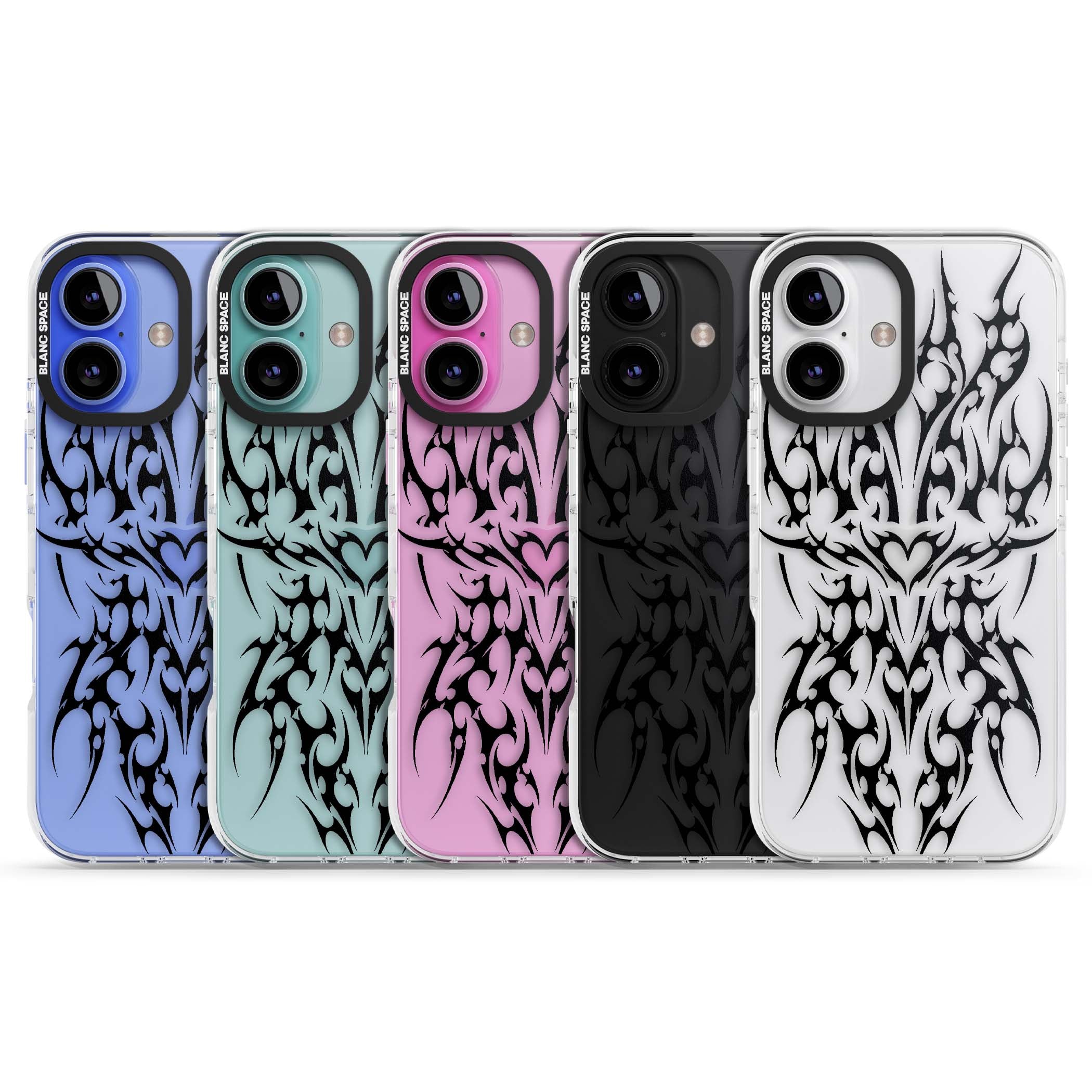 Neo Tribal Heart gothic iPhone case featuring symmetrical black tribal tattoo art with sharp thorn-like linework | Clear Impact case for iPhone 16, iPhone 16 Plus