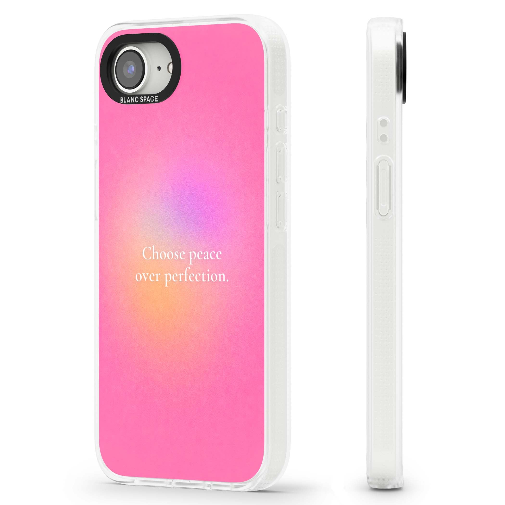 Peace Over Perfection quote iPhone case featuring a dreamy pink aura gradient and delicate white affirmation text | Clear Case Impact Air case for iPhone 16e, iPhone 17e