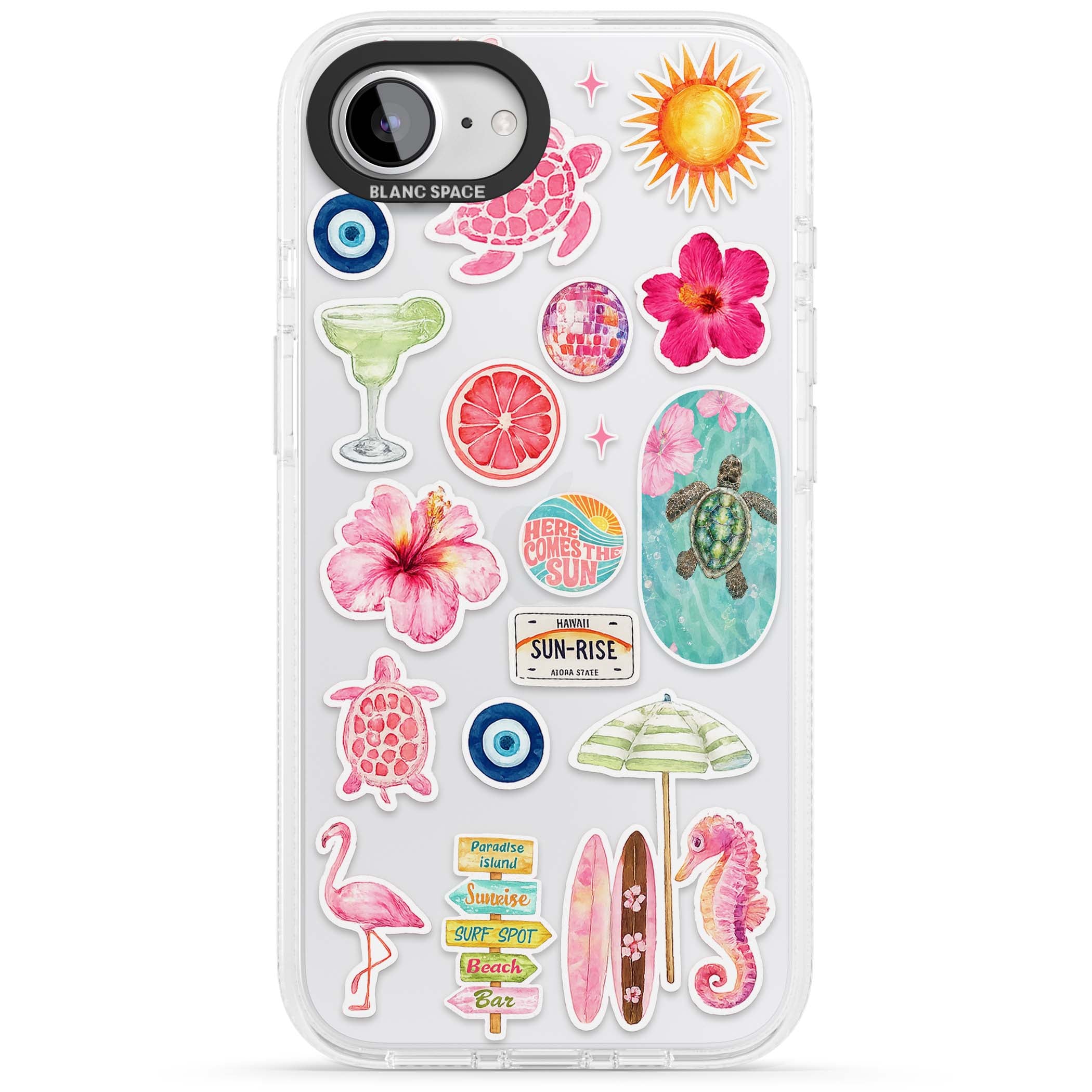 Aloha Sticker Mix tropical summer iPhone case featuring pink hibiscus, sea turtles, flamingo and beach umbrella stickers | Clear Case Impact Air case for iPhone 16e, iPhone 17e