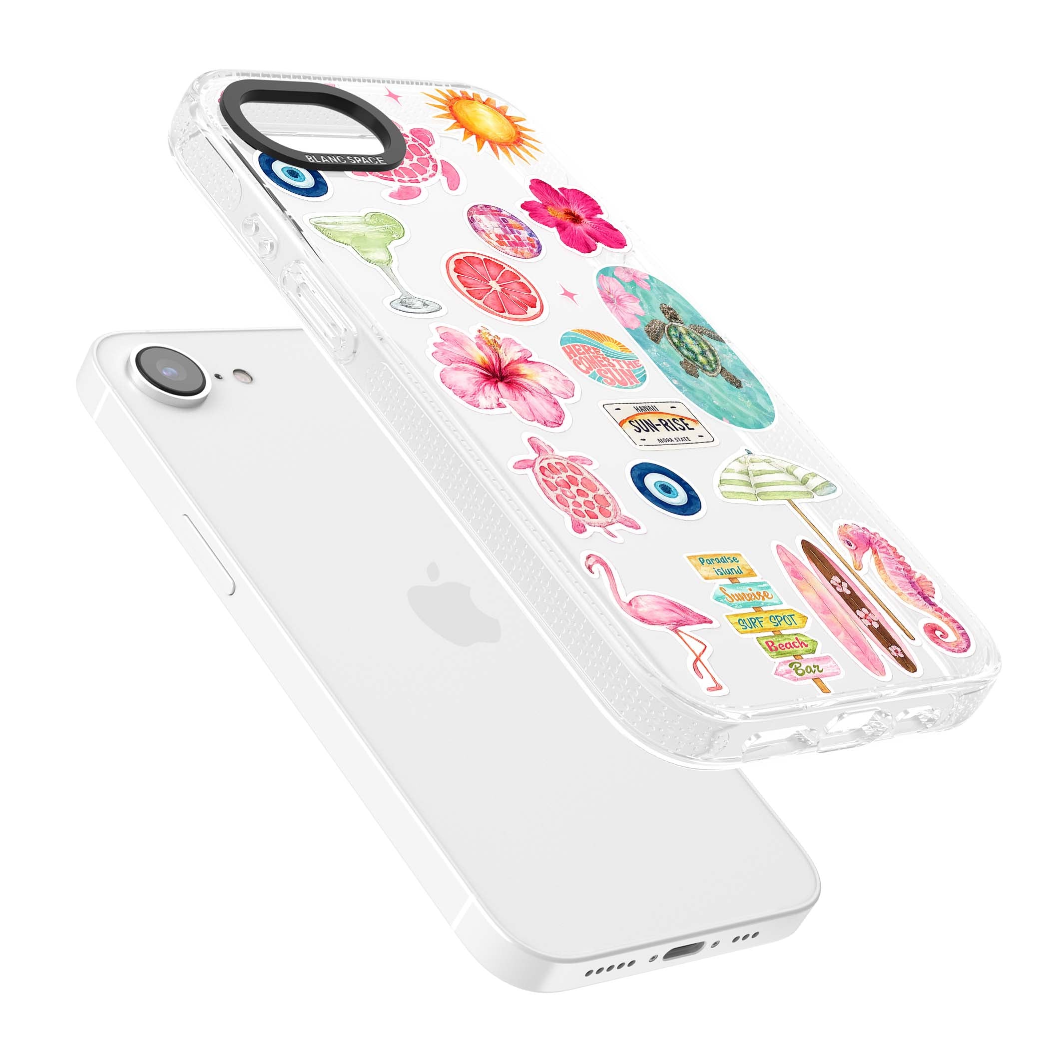 Aloha Sticker Mix tropical summer iPhone case featuring pink hibiscus, sea turtles, flamingo and beach umbrella stickers | Clear Case Impact Air case for iPhone 16e, iPhone 17e