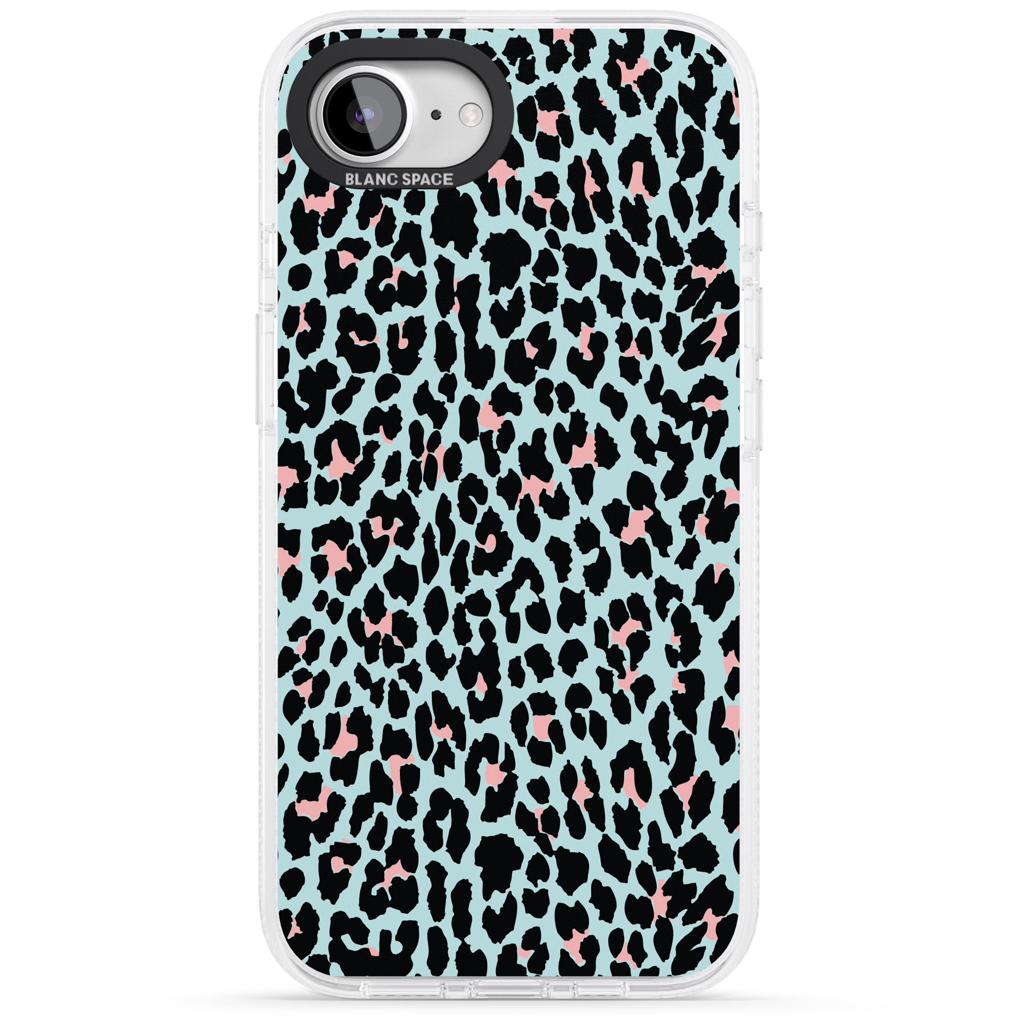 Light Pink on Blue Leopard Print Pattern iPhone 16e Clear Case Impact Air - Blanc Space