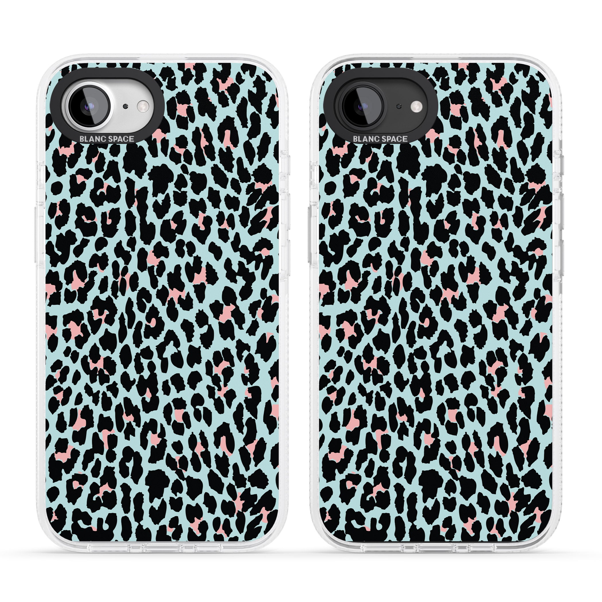 Light Pink on Blue Leopard Print Pattern iPhone 16e Clear Case Impact Air - Blanc Space