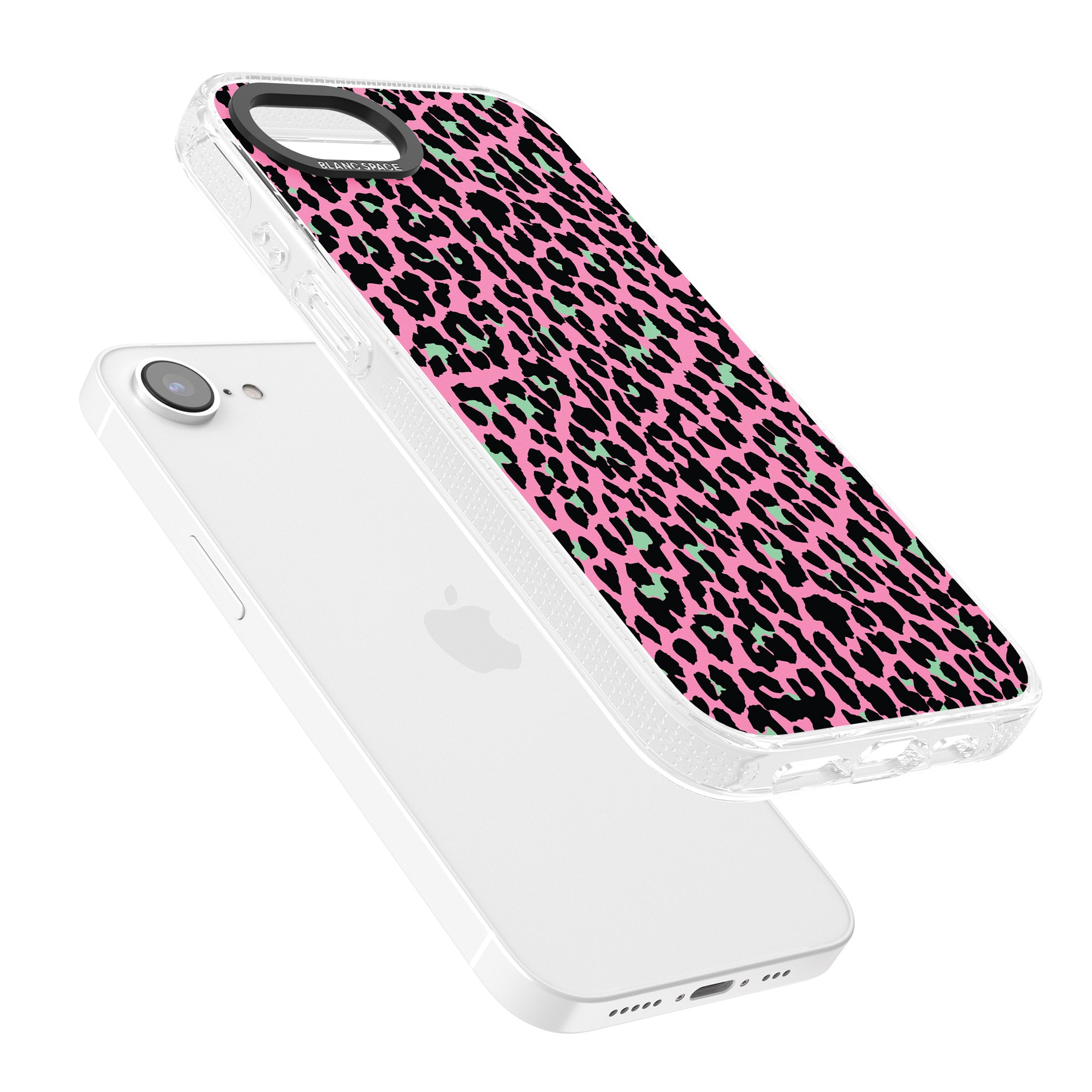 Green on Pink Leopard Print Pattern iPhone 16e Clear Case Impact Air - Blanc Space