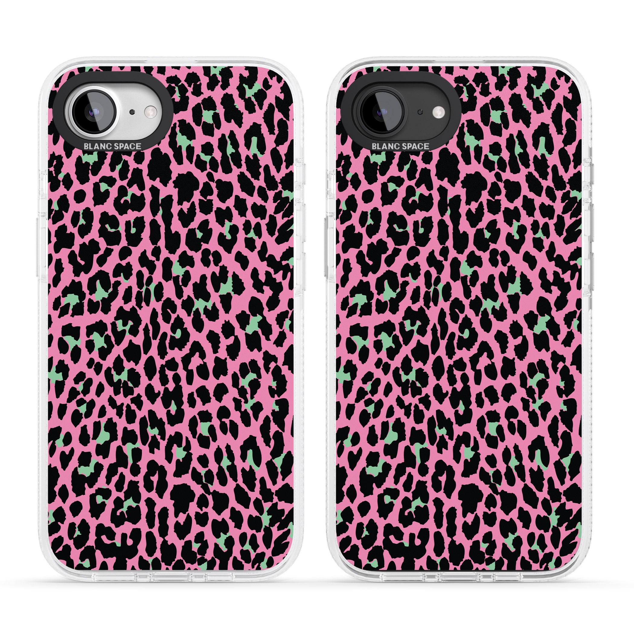 Green on Pink Leopard Print Pattern iPhone 16e Clear Case Impact Air - Blanc Space