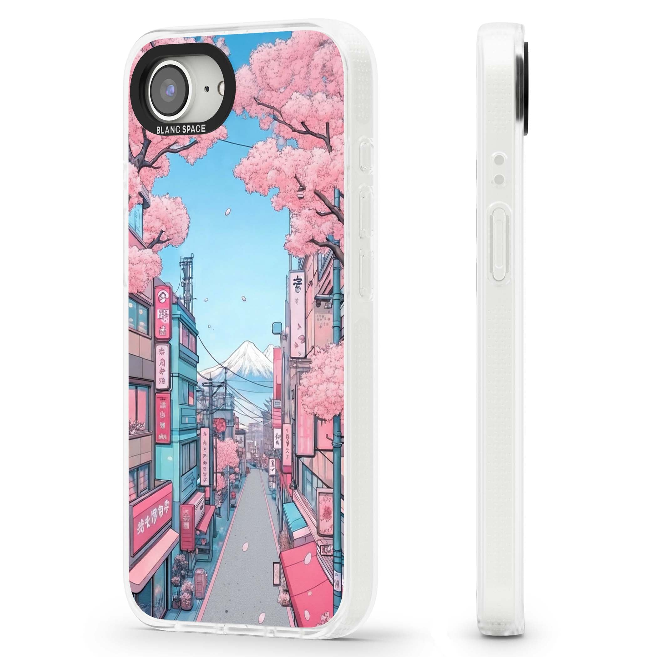 Sakura Lane anime iPhone case featuring Tokyo street scene with cherry blossoms and Mount Fuji | Clear Case Impact Air case for iPhone 16e, iPhone 17e
