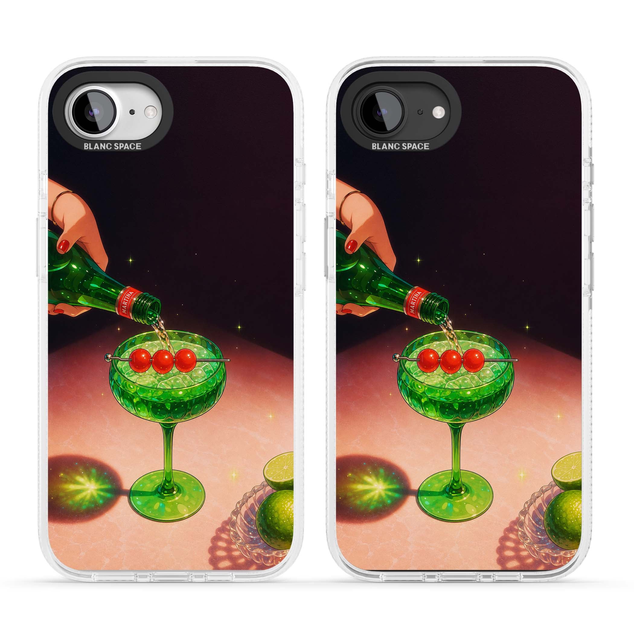 Absinthe Hour cocktail iPhone case featuring a green coupe glass, cherry garnish and vintage bottle pour illustration | Clear Case Impact Air case for iPhone 16e, iPhone 17e