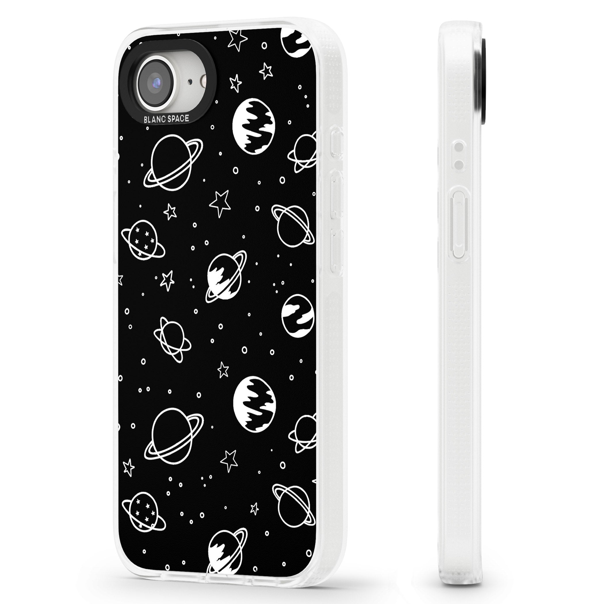 Cosmic Outer Space Design White on Black iPhone 16e Clear Case Impact Air - Blanc Space