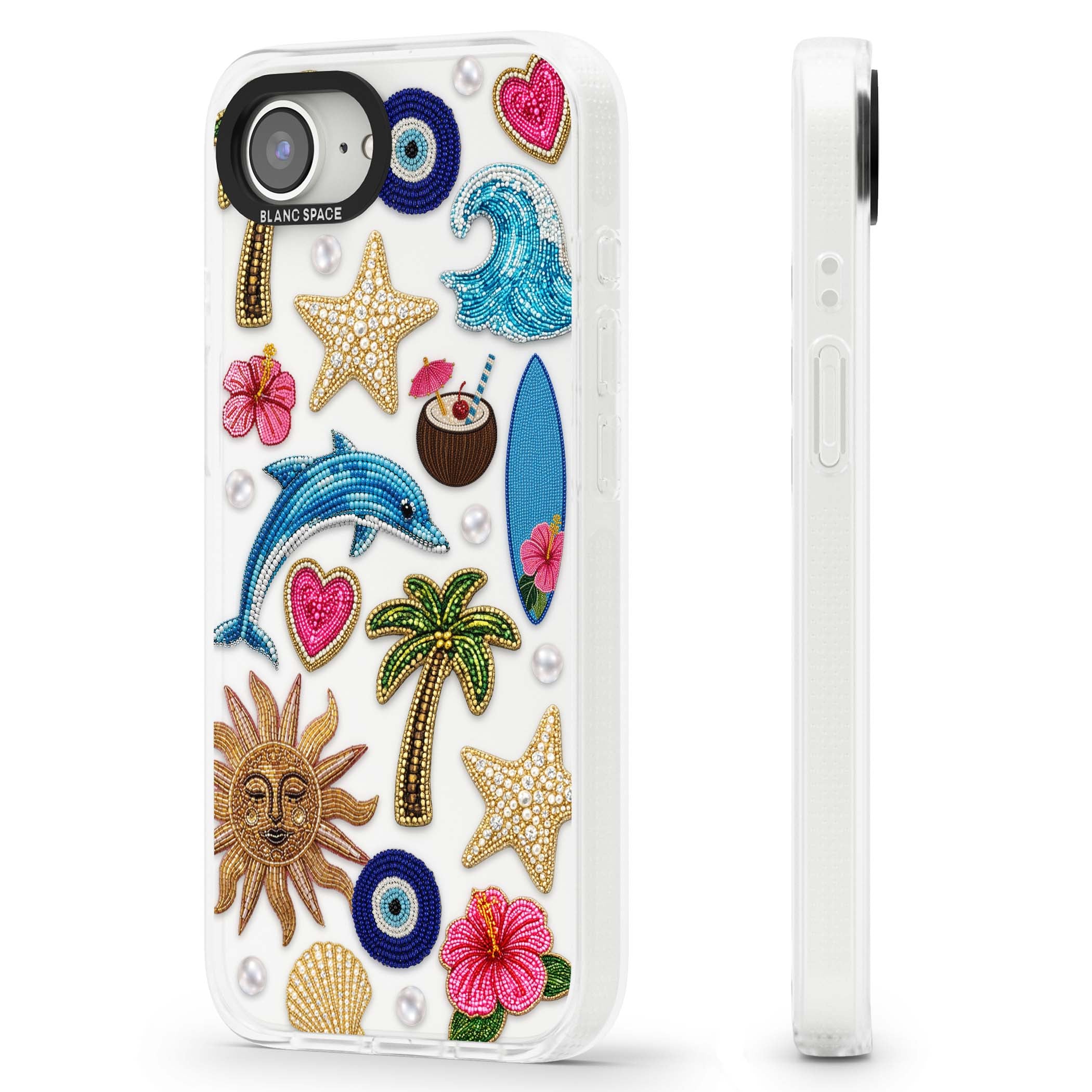 Beaded Beach coastal summer iPhone case featuring embroidered evil eye, hibiscus flowers, dolphin and palm tree patches | Clear Case Impact Air case for iPhone 16e, iPhone 17e