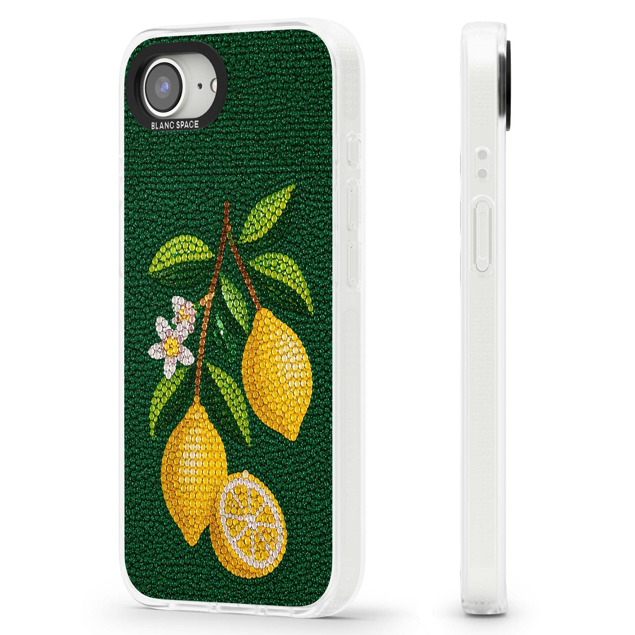 Beaded Lemons coastal iPhone case featuring crystal-beaded lemons, citrus blossom and green leaves on emerald ground | Clear Case Impact Air case for iPhone 16e, iPhone 17e