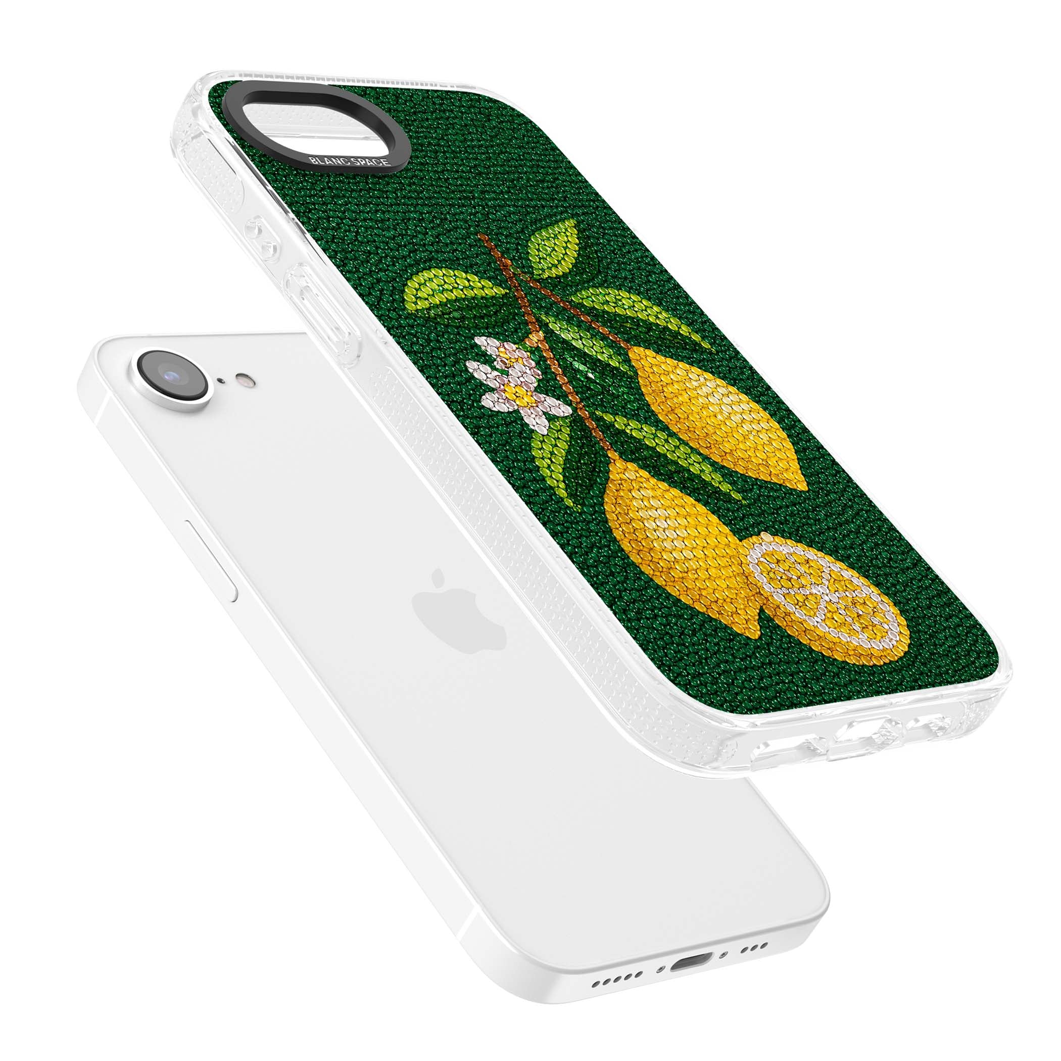 Beaded Lemons coastal iPhone case featuring crystal-beaded lemons, citrus blossom and green leaves on emerald ground | Clear Case Impact Air case for iPhone 16e, iPhone 17e