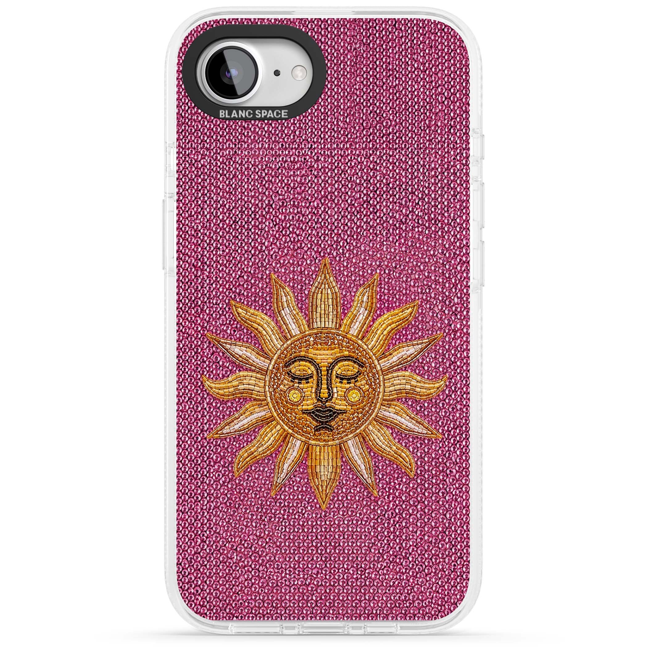 Beaded Sun celestial iPhone case featuring a golden beaded sun face with radiant rays on hot pink beaded background | Clear Case Impact Air case for iPhone 16e, iPhone 17e