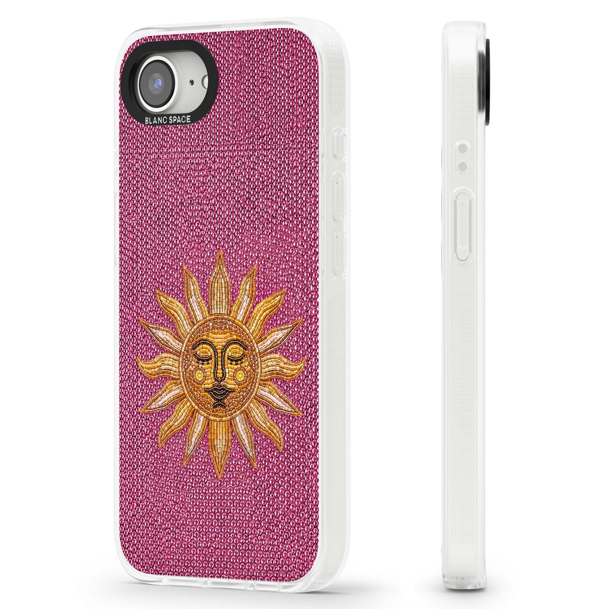 Beaded Sun celestial iPhone case featuring a golden beaded sun face with radiant rays on hot pink beaded background | Clear Case Impact Air case for iPhone 16e, iPhone 17e