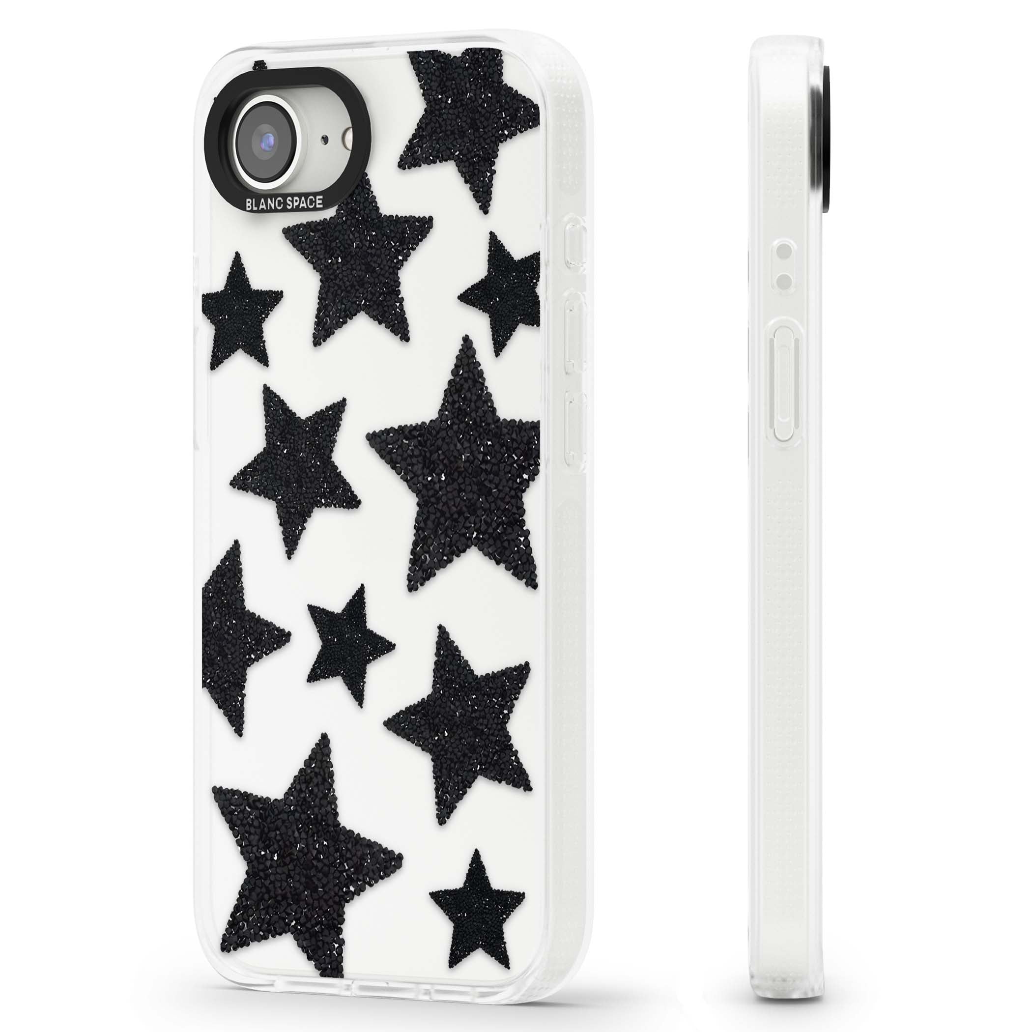 Beaded Black Stars celestial iPhone case featuring black glitter beaded stars scattered on a clear background | Clear Case Impact Air case for iPhone 16e, iPhone 17e
