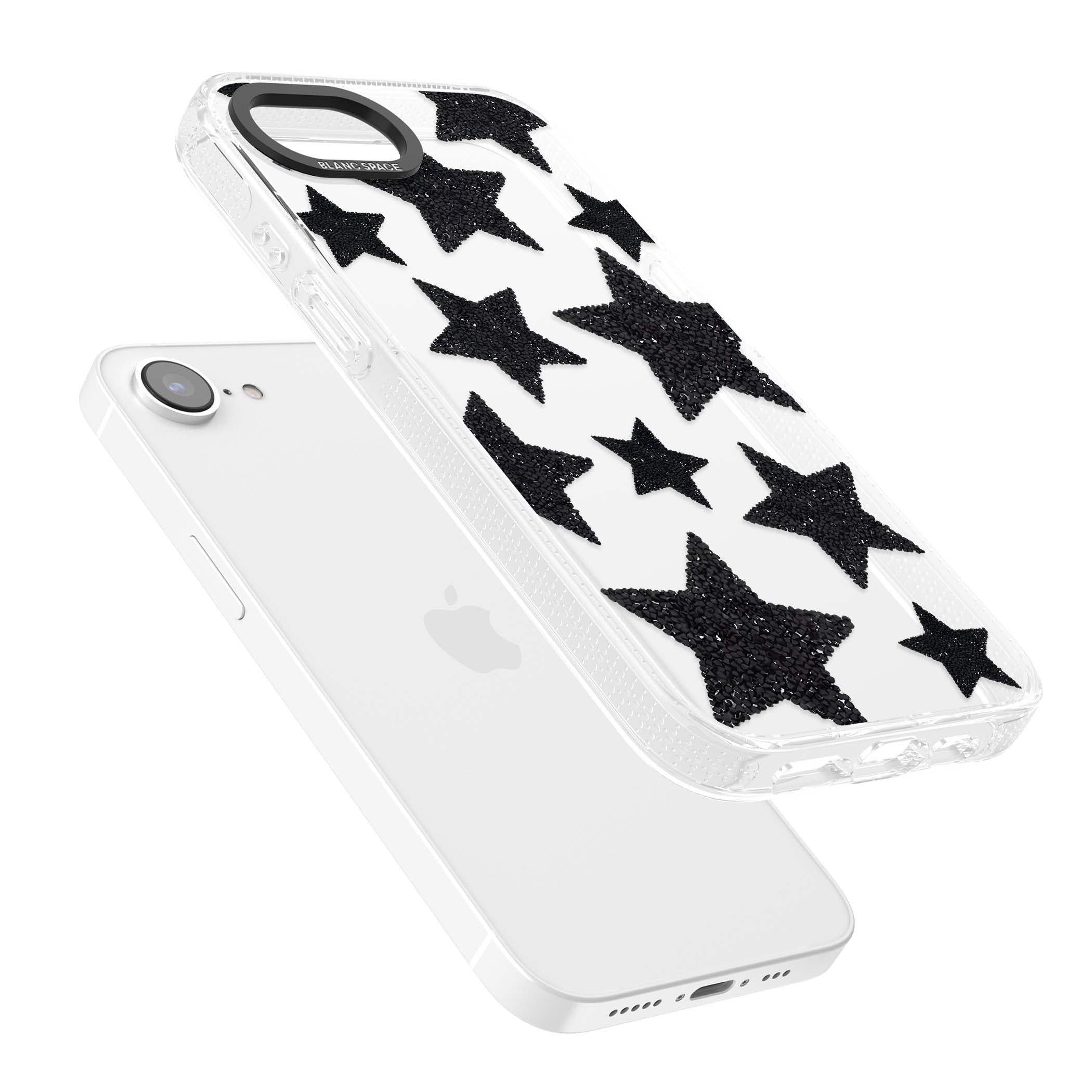 Beaded Black Stars celestial iPhone case featuring black glitter beaded stars scattered on a clear background | Clear Case Impact Air case for iPhone 16e, iPhone 17e