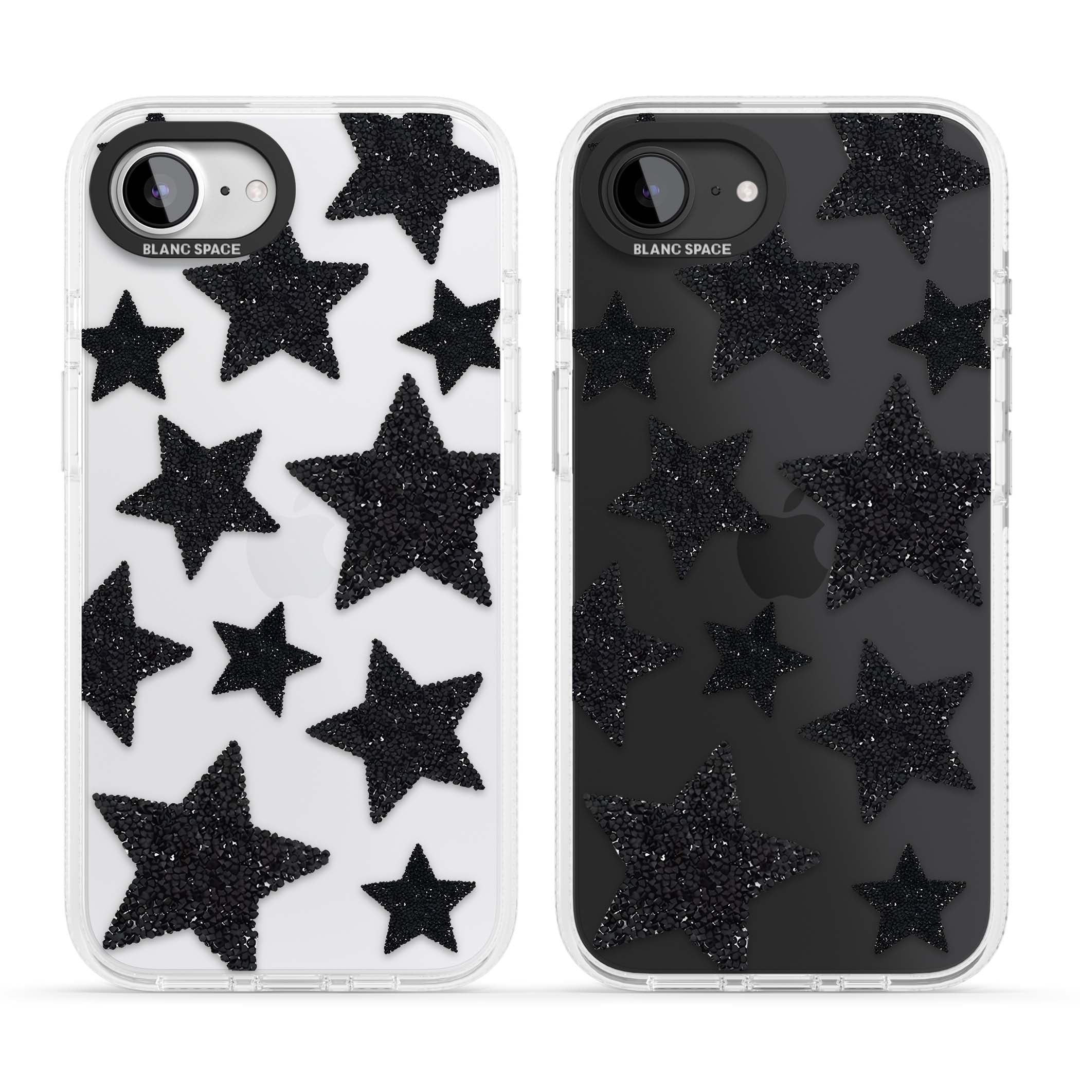 Beaded Black Stars celestial iPhone case featuring black glitter beaded stars scattered on a clear background | Clear Case Impact Air case for iPhone 16e, iPhone 17e