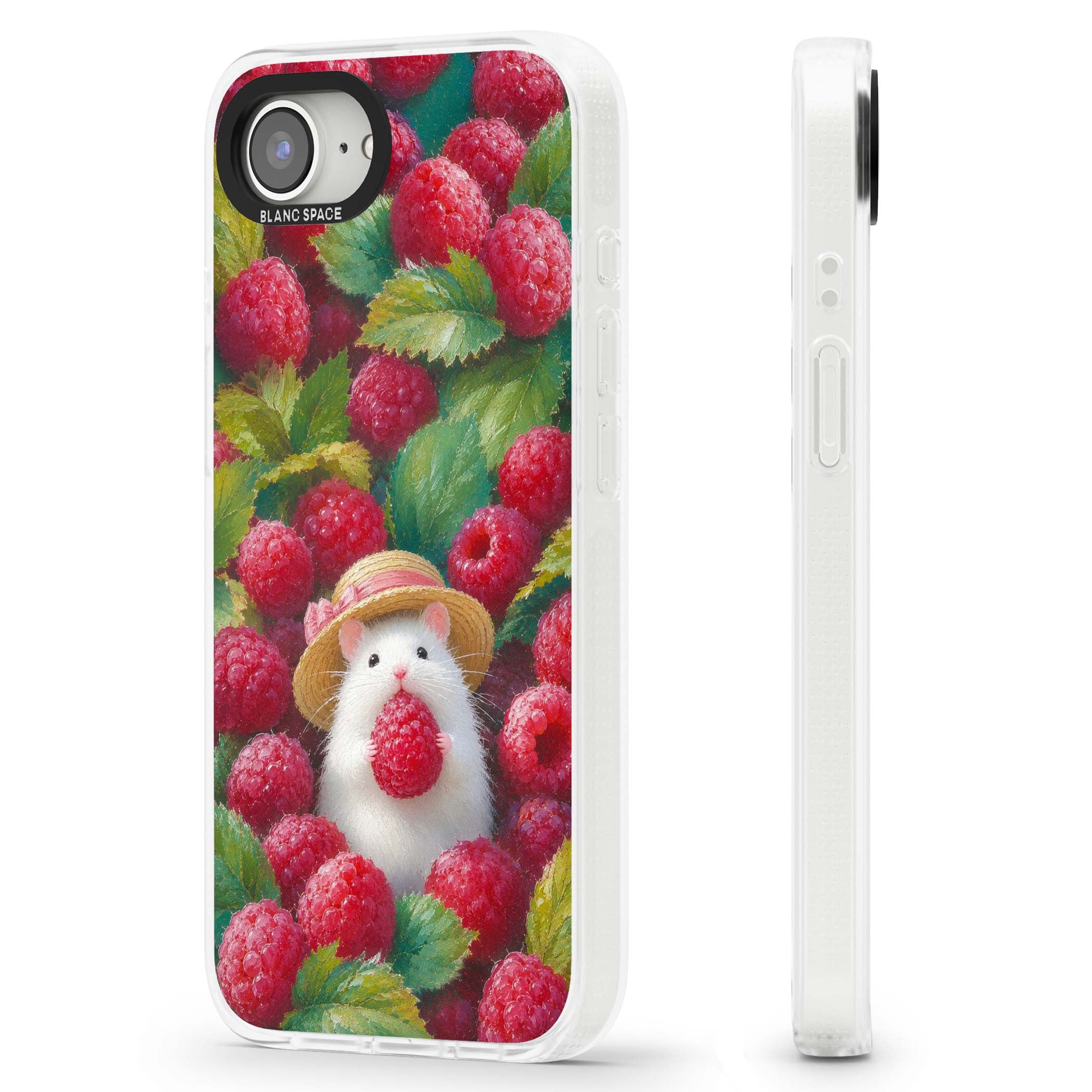 Berry Forager cottagecore iPhone case featuring a white hamster in a straw hat holding a raspberry surrounded by ripe ber | Clear Case Impact Air case for iPhone 16e, iPhone 17e