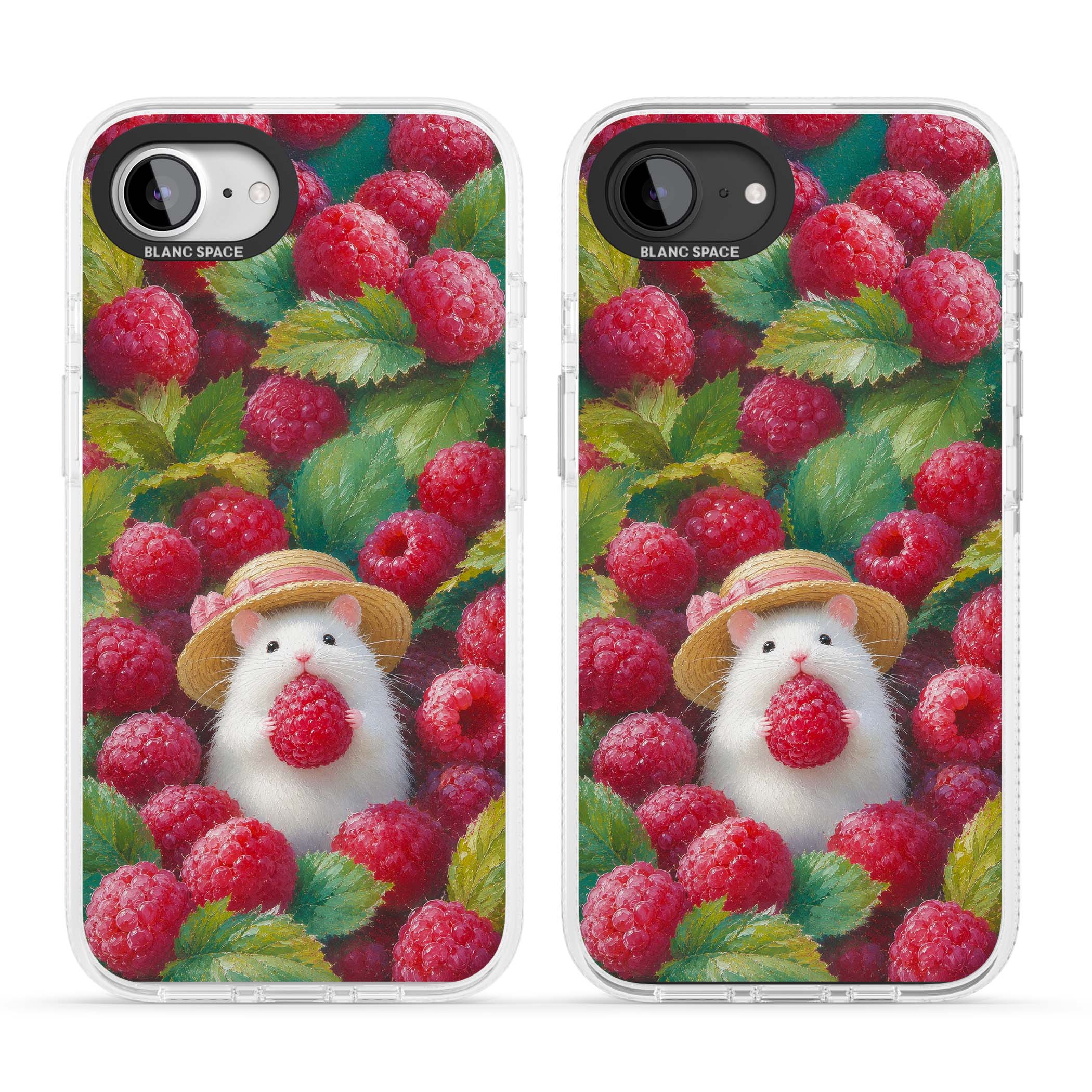 Berry Forager cottagecore iPhone case featuring a white hamster in a straw hat holding a raspberry surrounded by ripe ber | Clear Case Impact Air case for iPhone 16e, iPhone 17e
