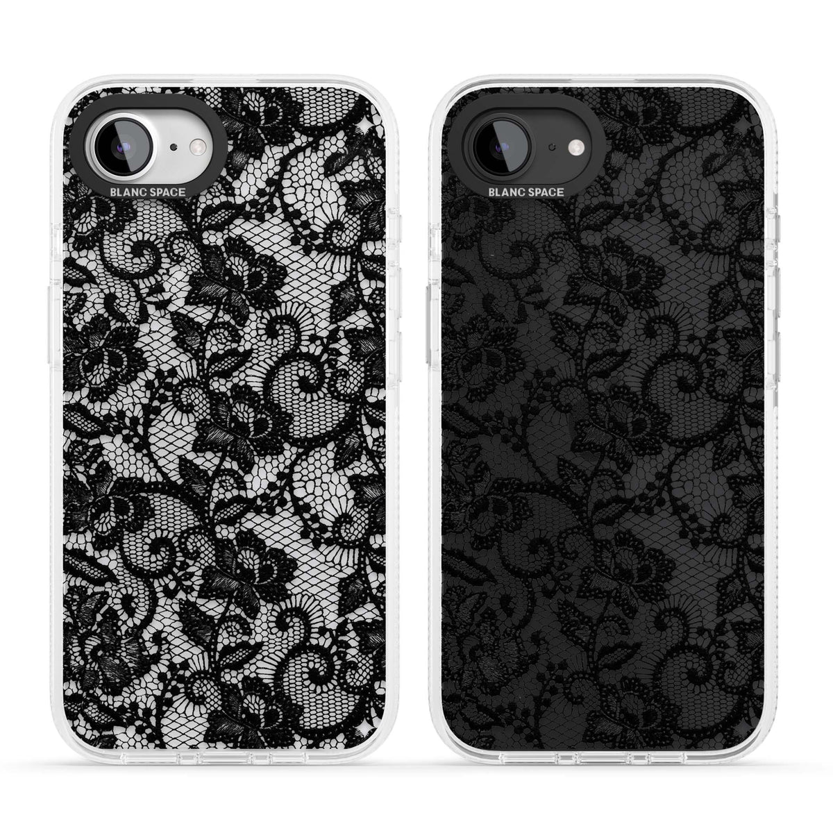 Black Lace gothic iPhone case featuring intricate black floral lace pattern with vintage whimsigoth detail | Clear Case Impact Air case for iPhone 16e, iPhone 17e