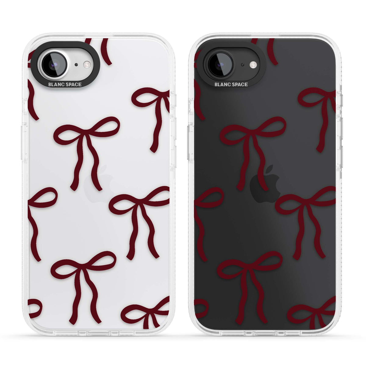 Burgundy Bows coquette iPhone case featuring hand-drawn burgundy red bows on a clear background | Clear Case Impact Air case for iPhone 16e, iPhone 17e