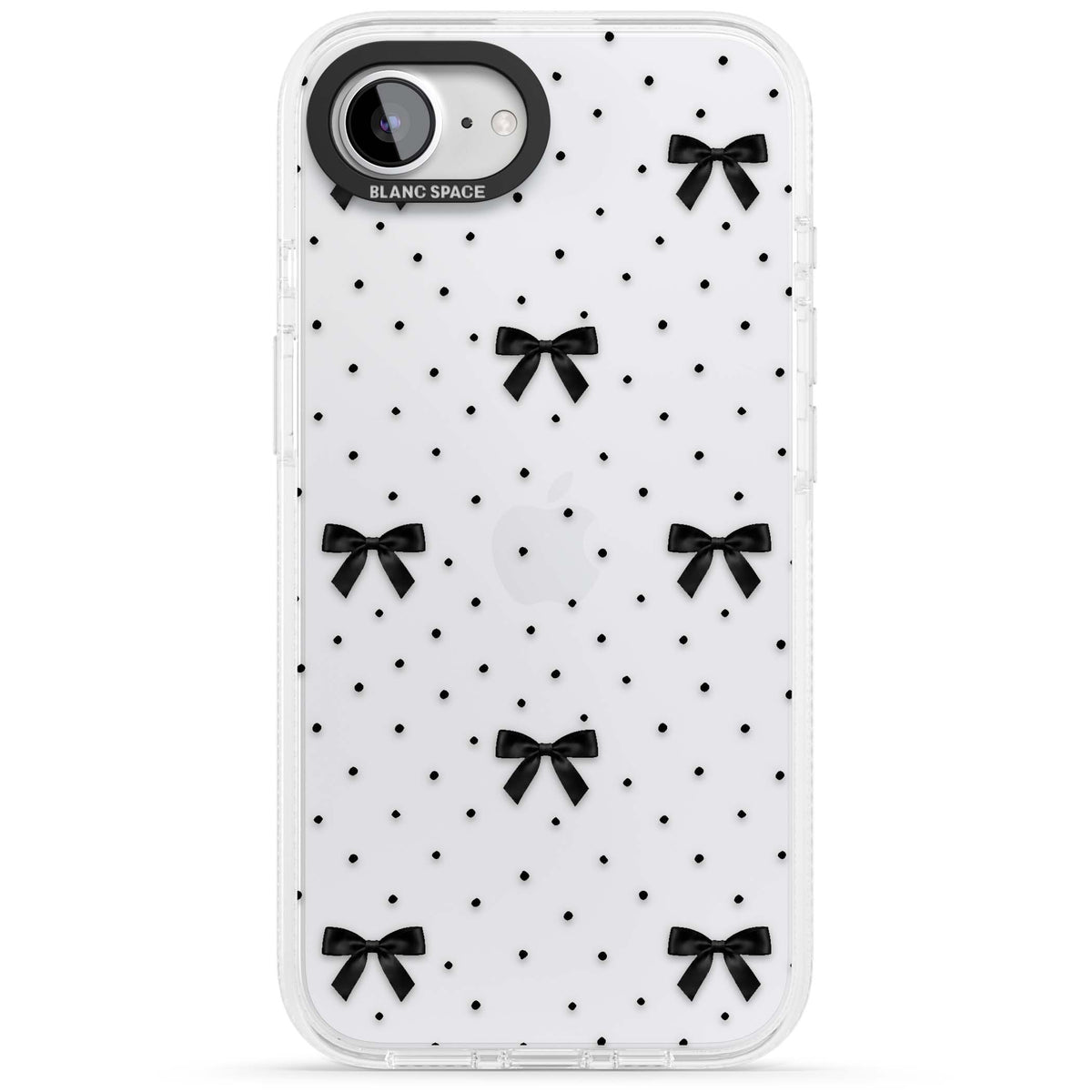 Black Polka Bows coquette iPhone case featuring scattered black satin bows and tiny polka dots on a clear base | Clear Case Impact Air case for iPhone 16e, iPhone 17e
