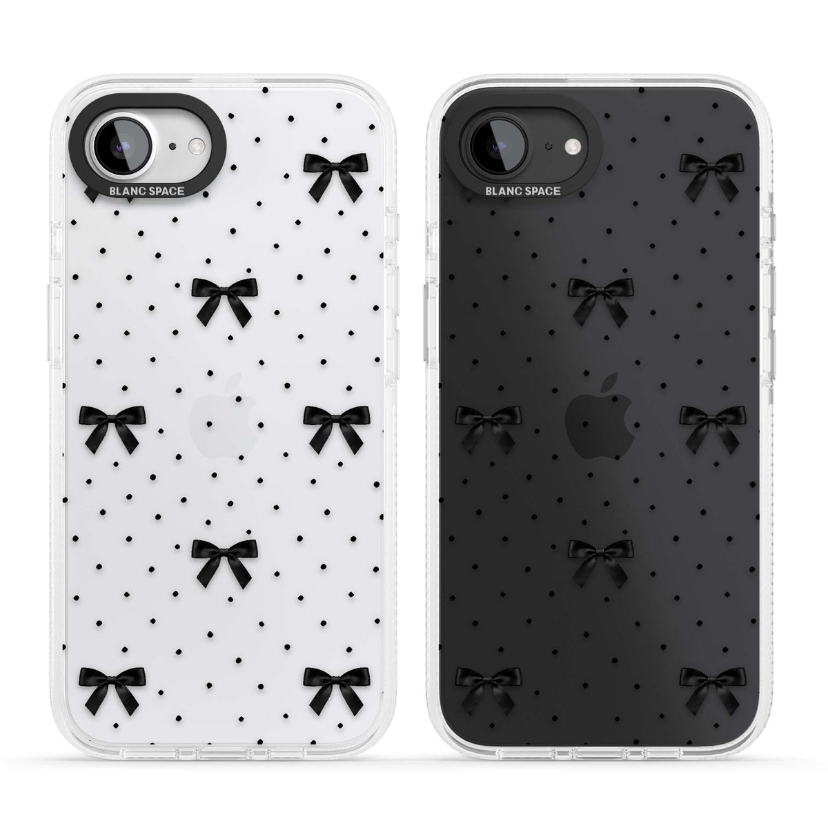 Black Polka Bows coquette iPhone case featuring scattered black satin bows and tiny polka dots on a clear base | Clear Case Impact Air case for iPhone 16e, iPhone 17e