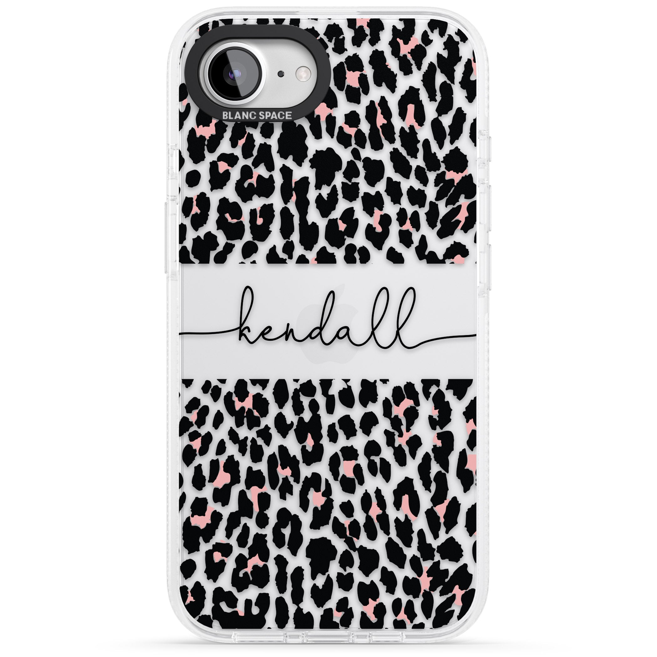 Personalised Pink & Cursive Leopard Spots iPhone 16e Clear Case Impact Air - Blanc Space