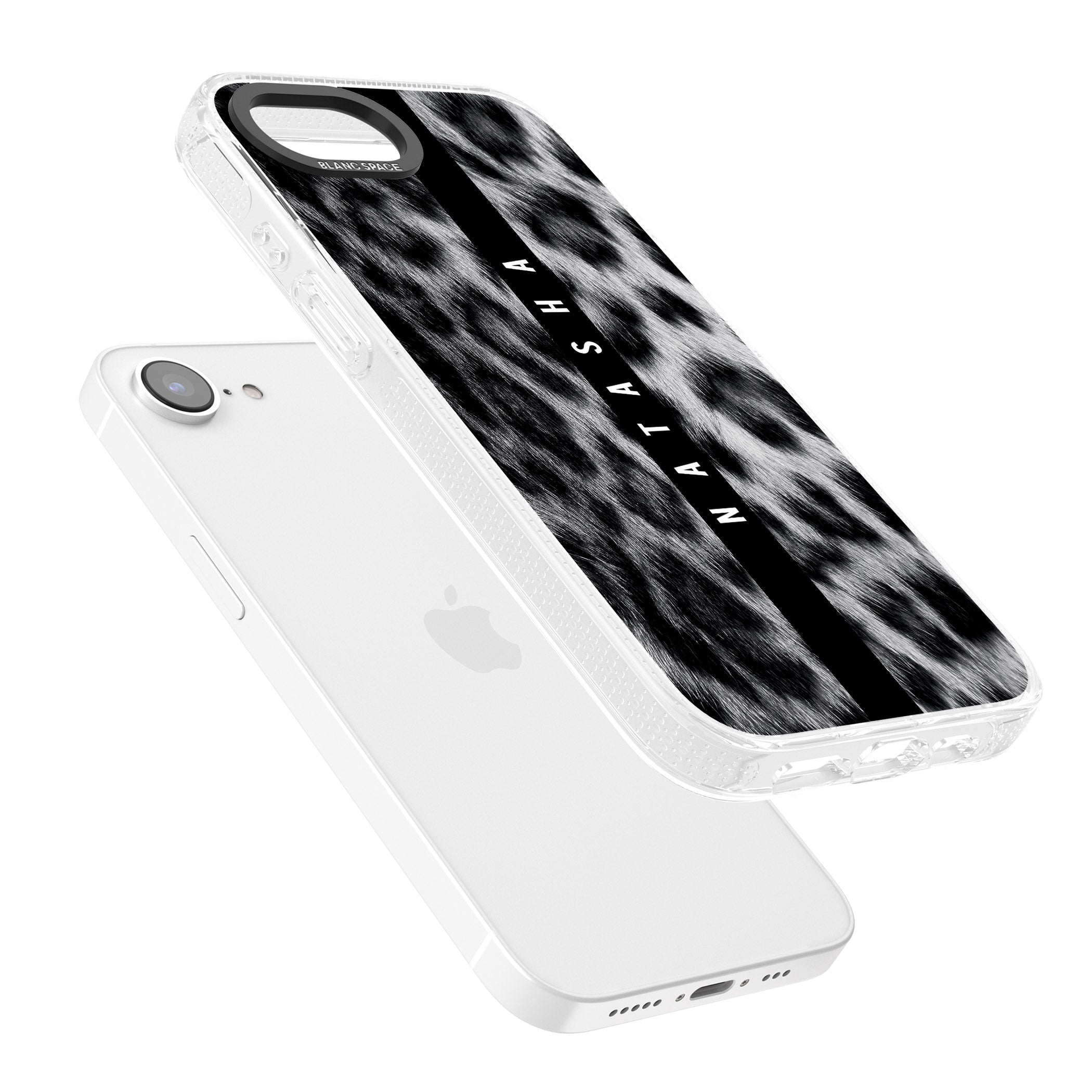 Personalised Snow Leopard Print iPhone 16e Clear Case Impact Air - Blanc Space