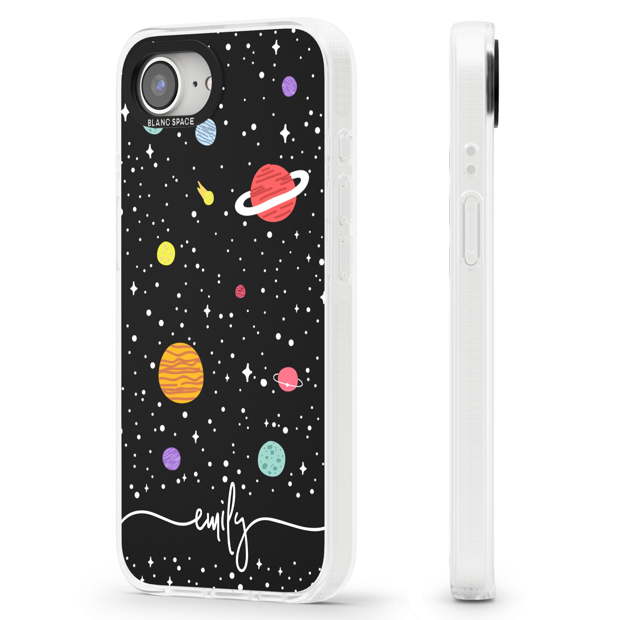 Personalised Cute Cartoon Planets iPhone 16e Clear Case Impact Air - Blanc Space