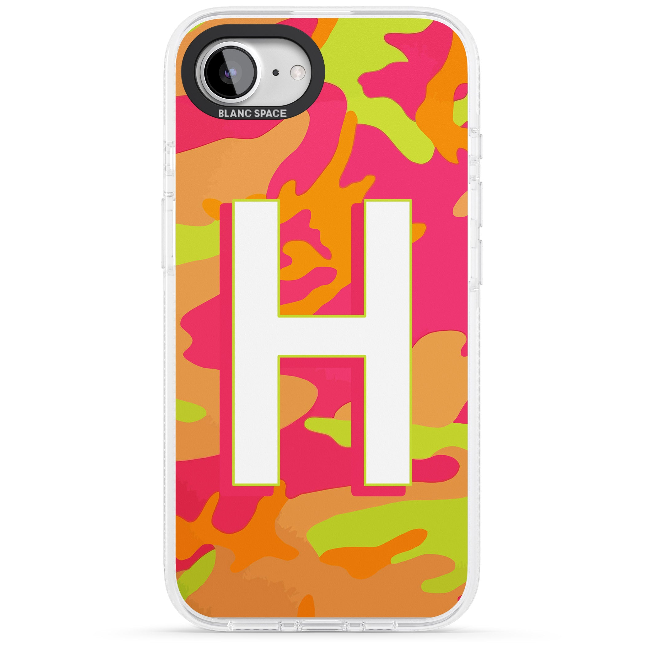Personalised Bright Neon Camo Solid Monogram iPhone 16e Clear Case Impact Air - Blanc Space