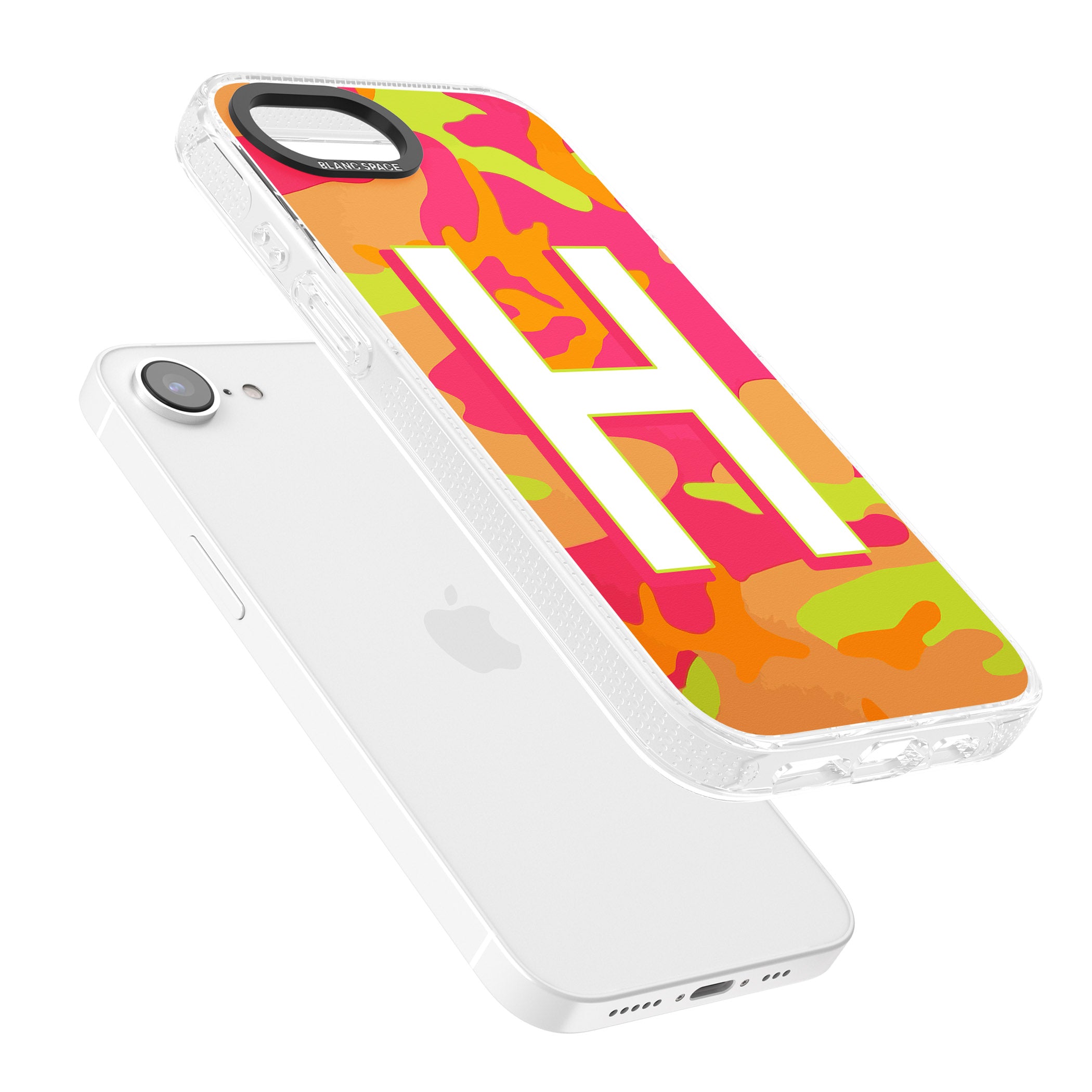 Personalised Bright Neon Camo Solid Monogram iPhone 16e Clear Case Impact Air - Blanc Space