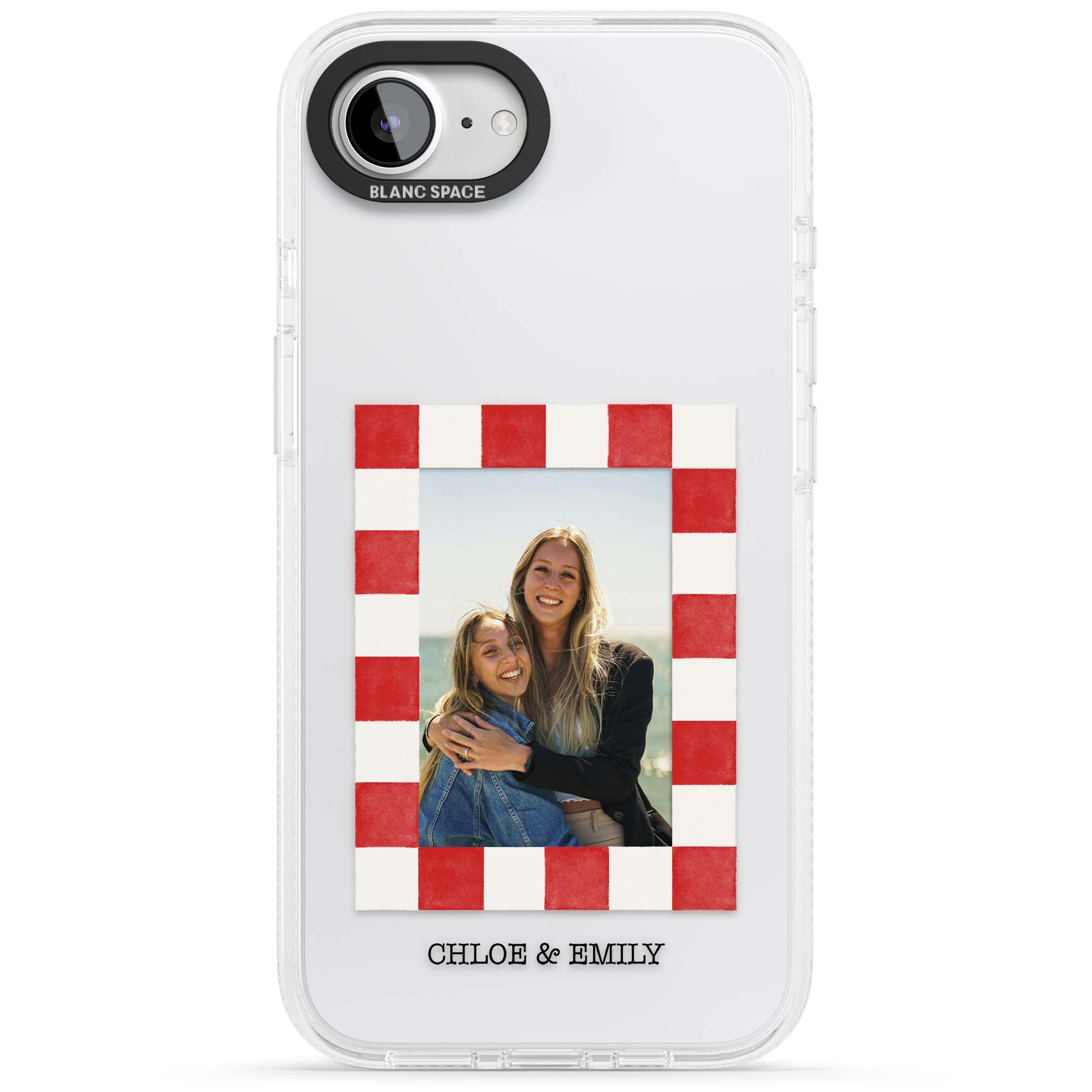 Red Check Photo personalised photo iPhone case with red and white checkered polaroid frame and custom couple name | Clear Case Impact Air case for iPhone 16e, iPhone 17e