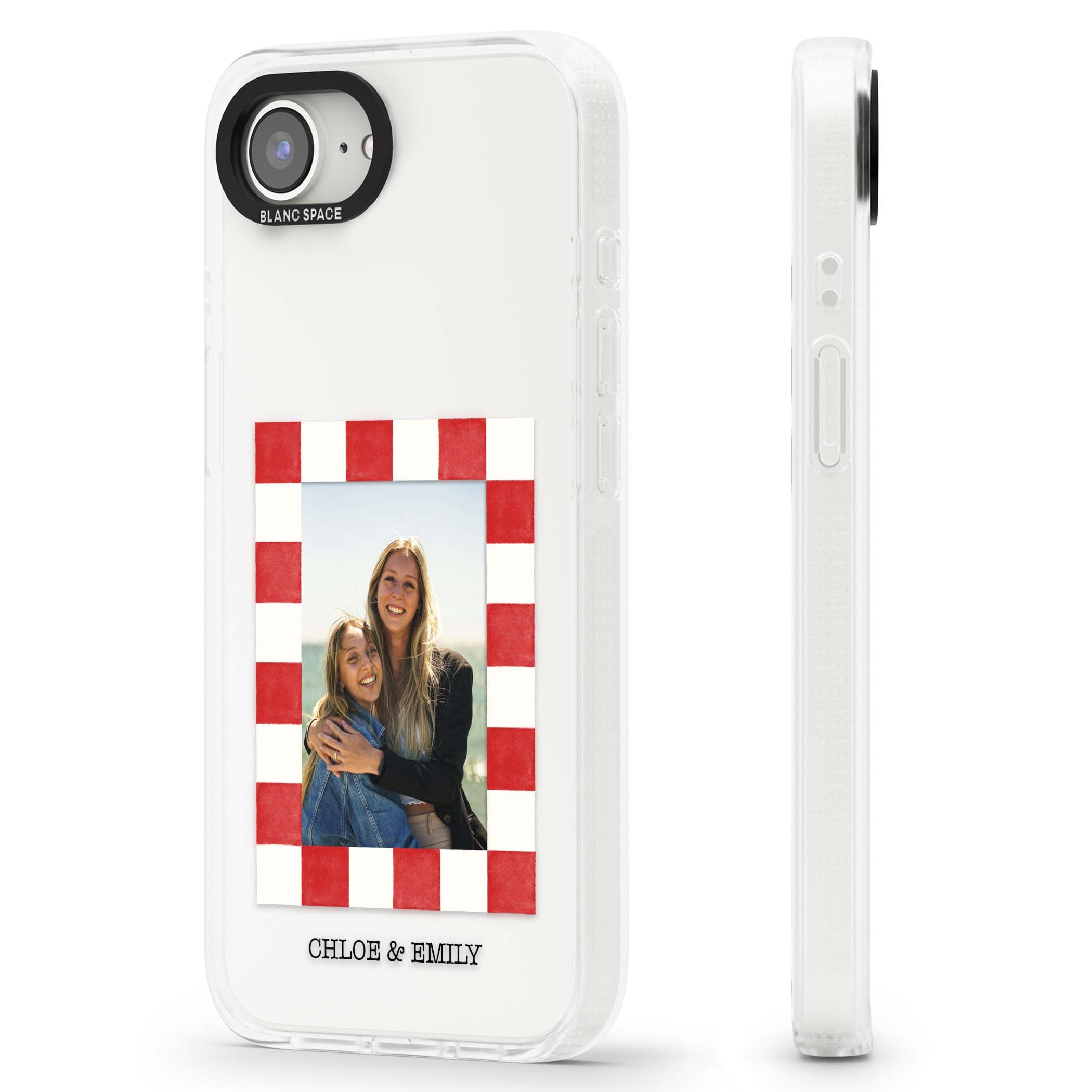 Red Check Photo personalised photo iPhone case with red and white checkered polaroid frame and custom couple name | Clear Case Impact Air case for iPhone 16e, iPhone 17e