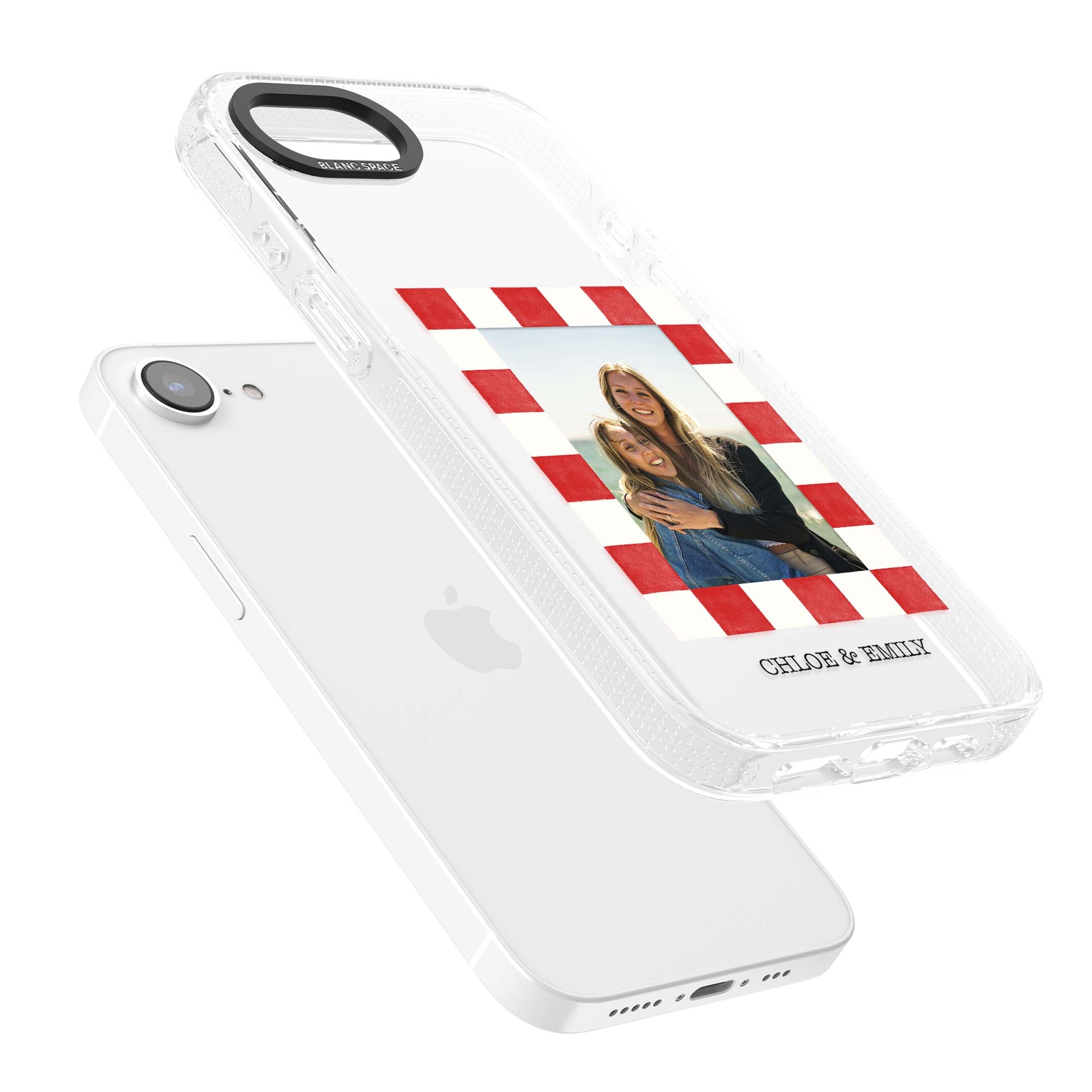 Red Check Photo personalised photo iPhone case with red and white checkered polaroid frame and custom couple name | Clear Case Impact Air case for iPhone 16e, iPhone 17e