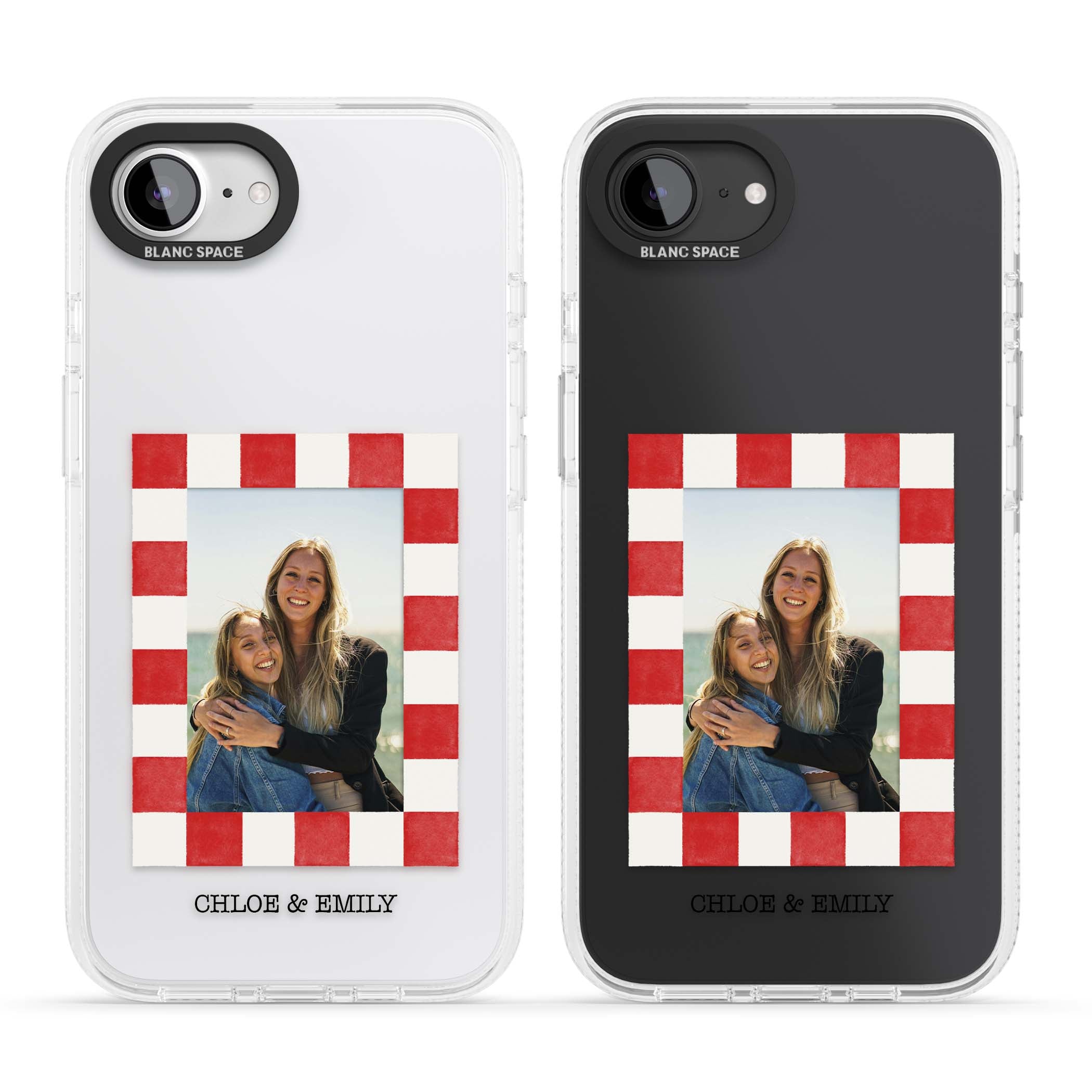 Red Check Photo personalised photo iPhone case with red and white checkered polaroid frame and custom couple name | Clear Case Impact Air case for iPhone 16e, iPhone 17e