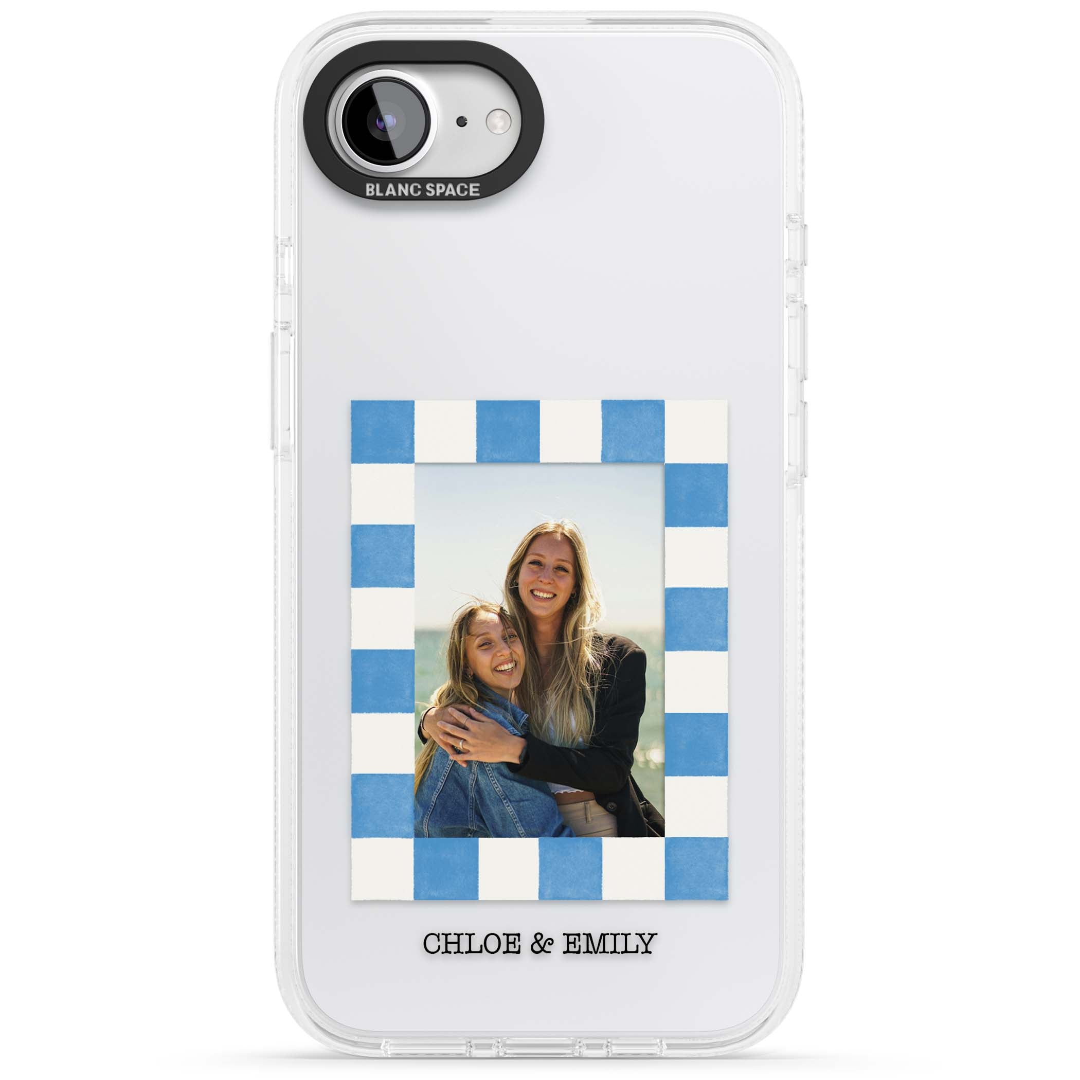 Blue Check Photo personalised photo iPhone case with blue checkered frame and custom couple names | Clear Case Impact Air case for iPhone 16e, iPhone 17e