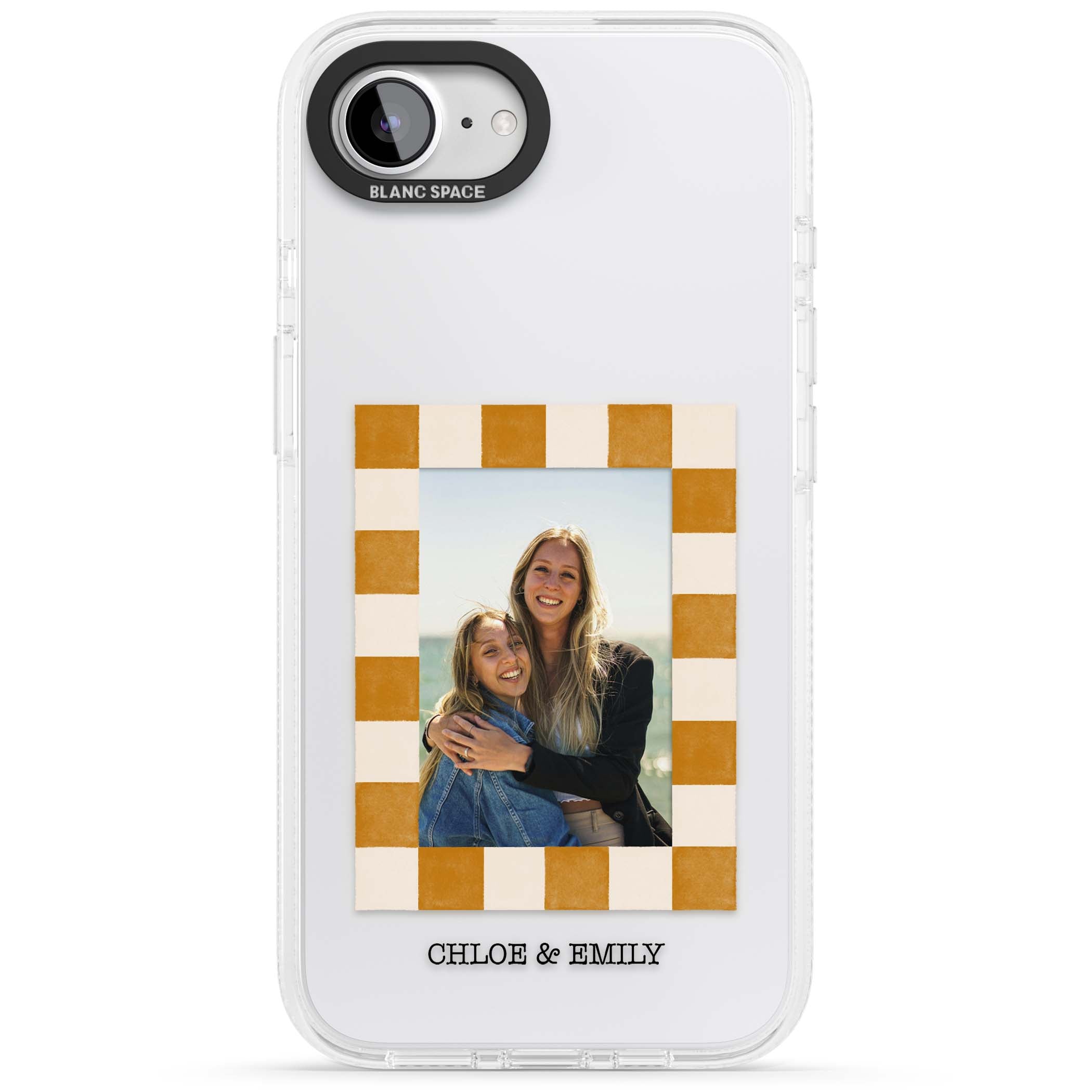 Citrus Check Photo personalised iPhone case with custom photo, orange checkered frame and names underneath | Clear Case Impact Air case for iPhone 16e, iPhone 17e