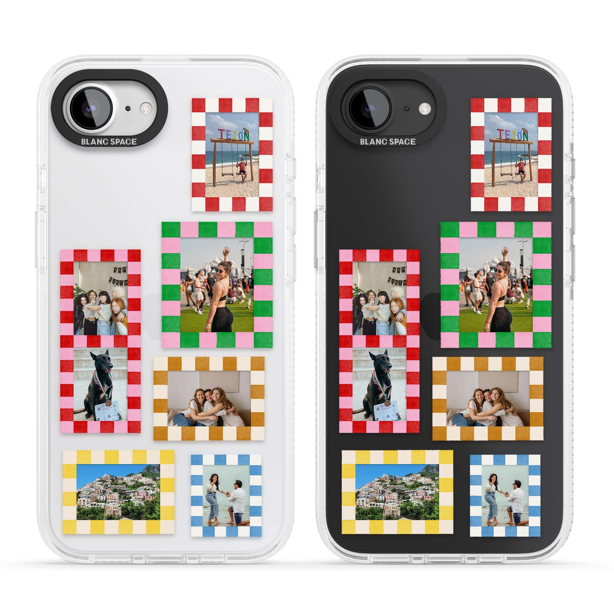 Italian Check Frames custom photo collage iPhone case featuring six checkered photo frames in red, green, pink and  | Clear Case Impact Air case for iPhone 16e, iPhone 17e