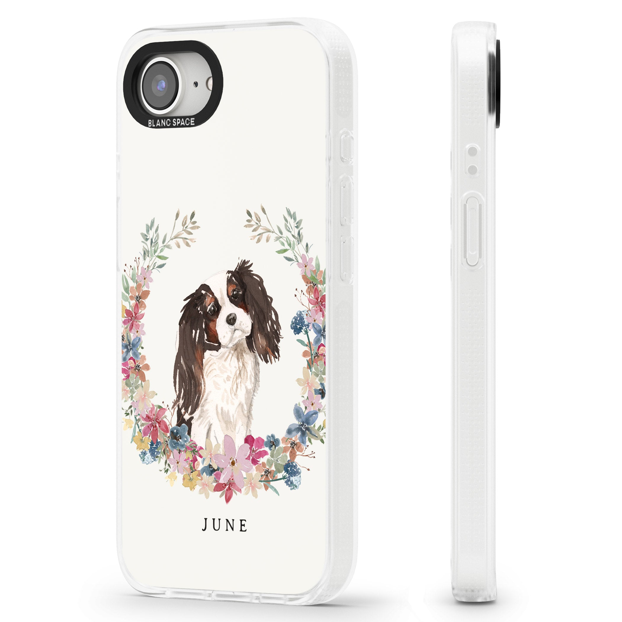 Personalised Tri Coloured King Charles Watercolour Dog Portrait iPhone 16e Clear Case Impact Air - Blanc Space