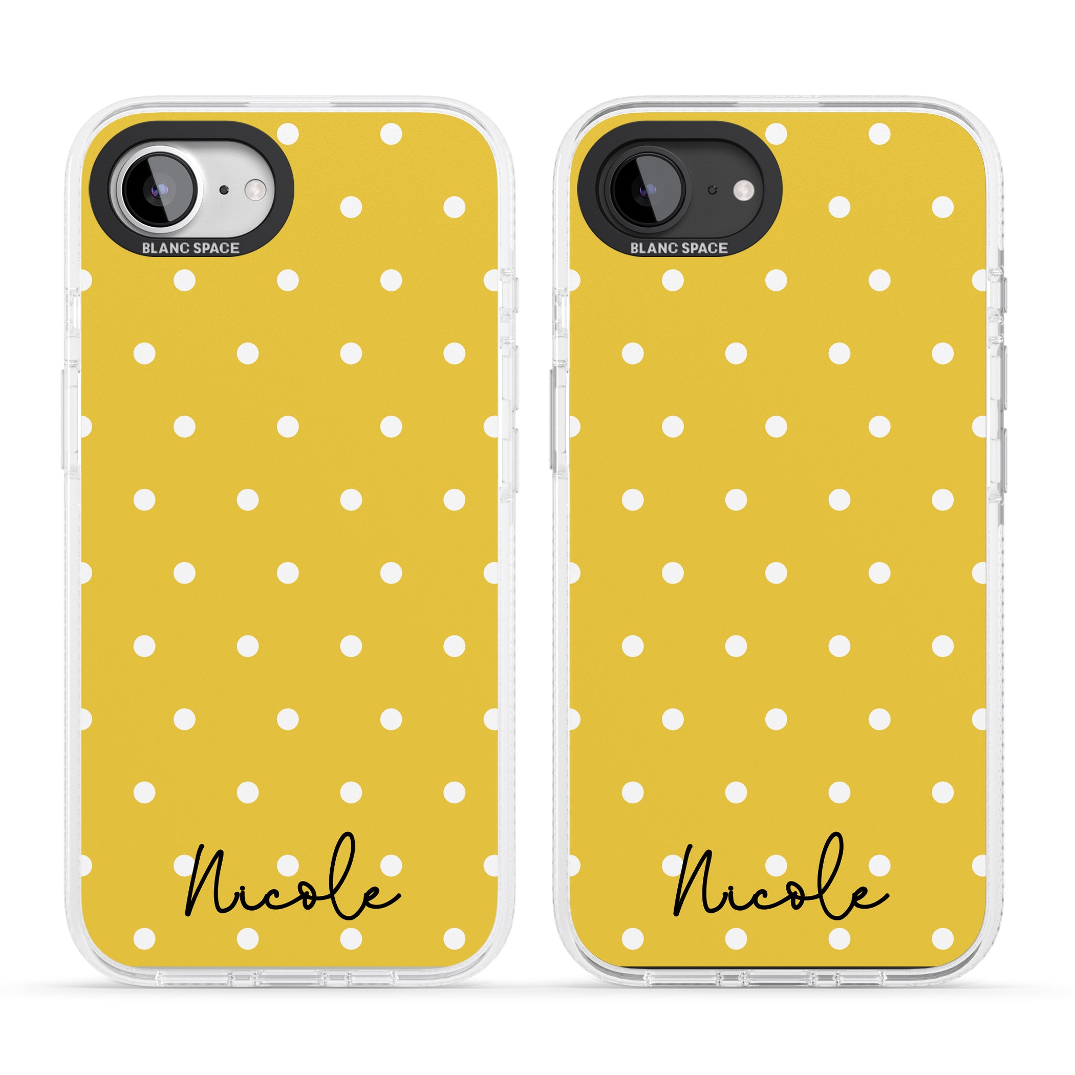 Personalised Yellow Polka Dot iPhone 16e Clear Case Impact Air - Blanc Space