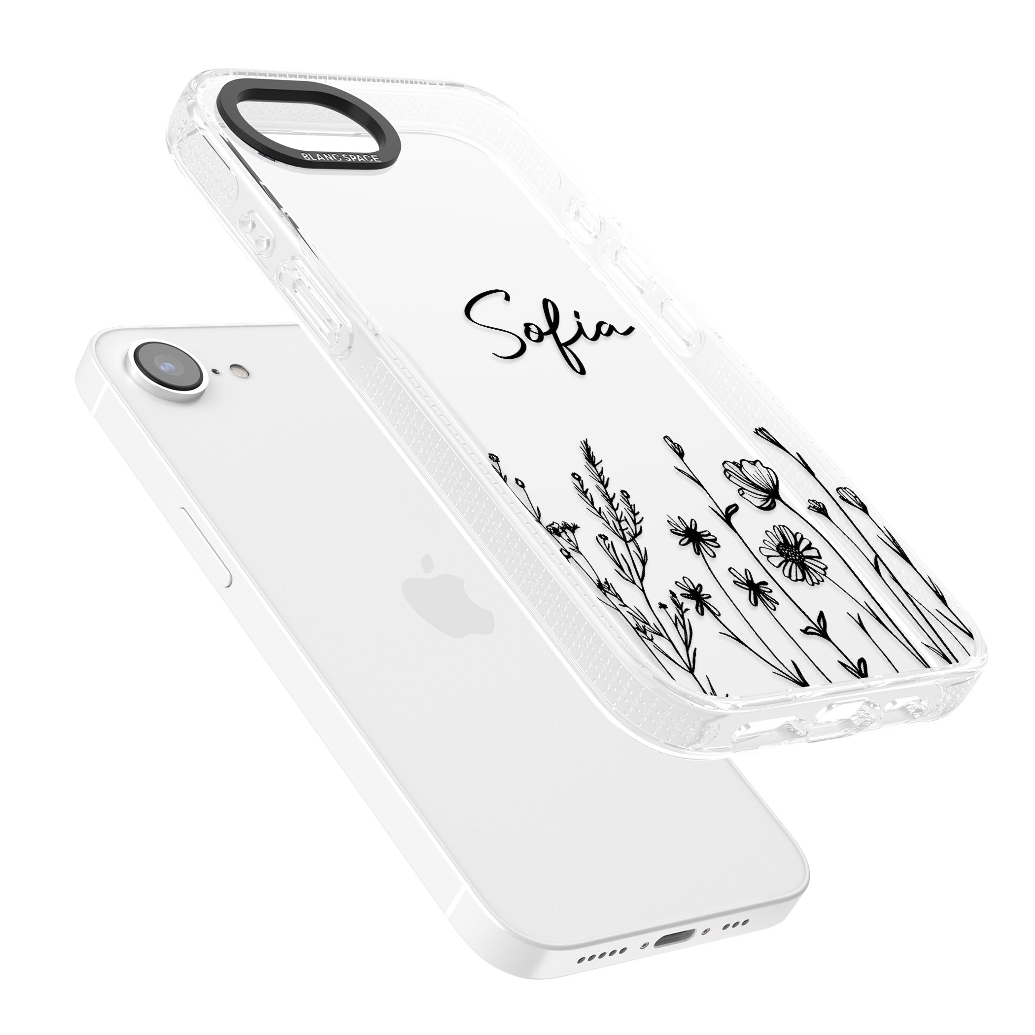 Personalised Black Wildflowers iPhone 16e Clear Case Impact Air - Blanc Space