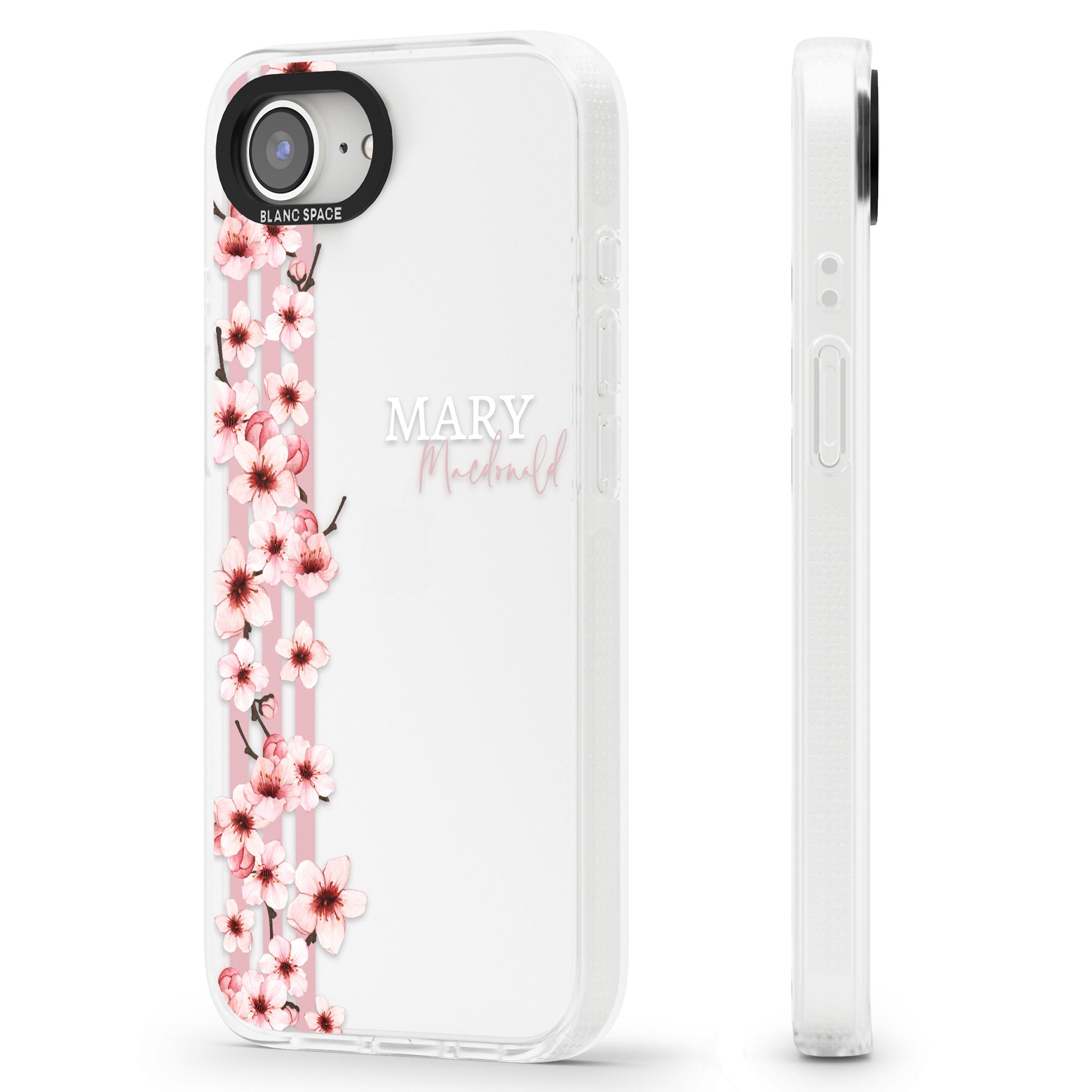 Personalised Cherry Blossoms & Stripes iPhone 16e Clear Case Impact Air - Blanc Space