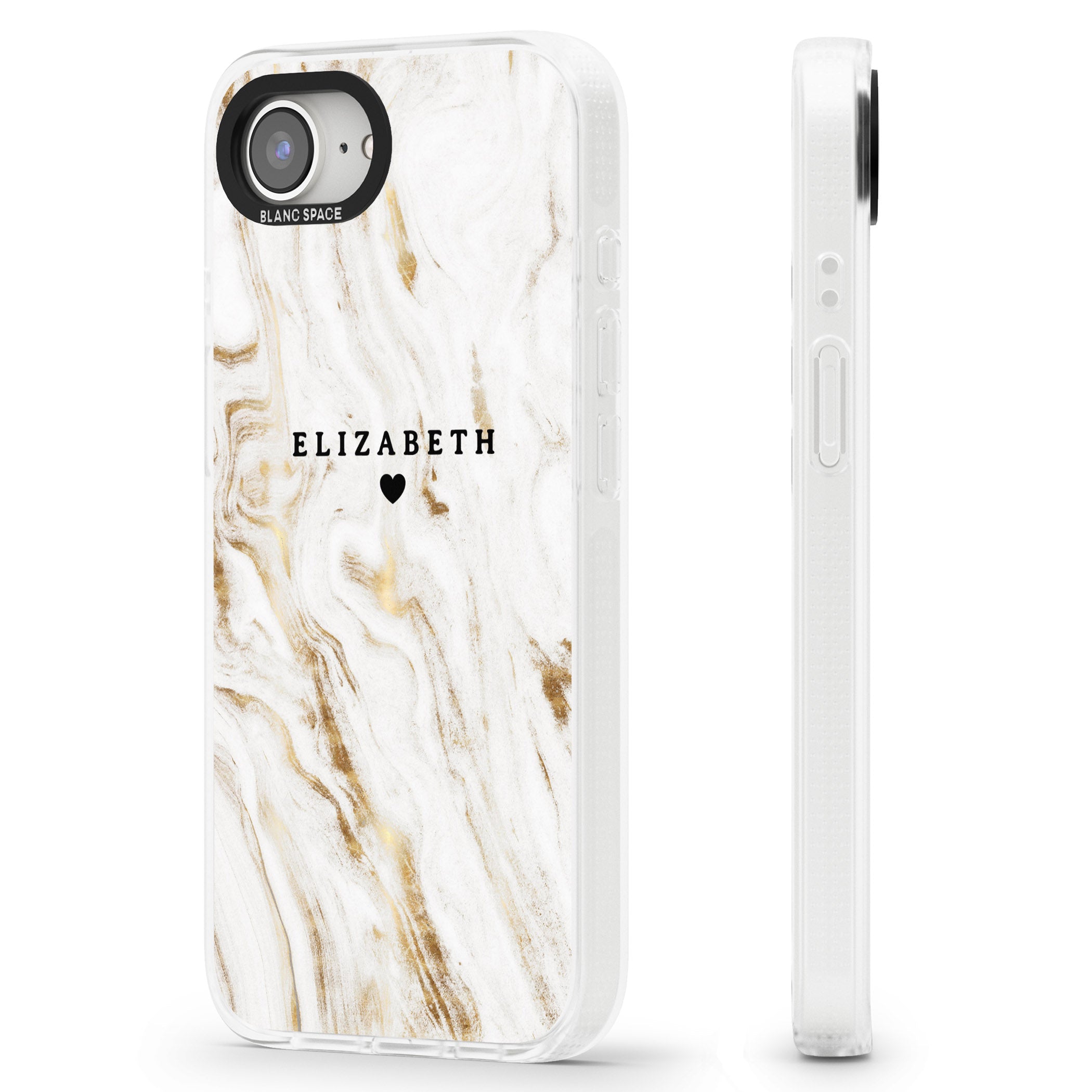 Personalised White & Gold Swirl Marble iPhone 16e Clear Case Impact Air - Blanc Space