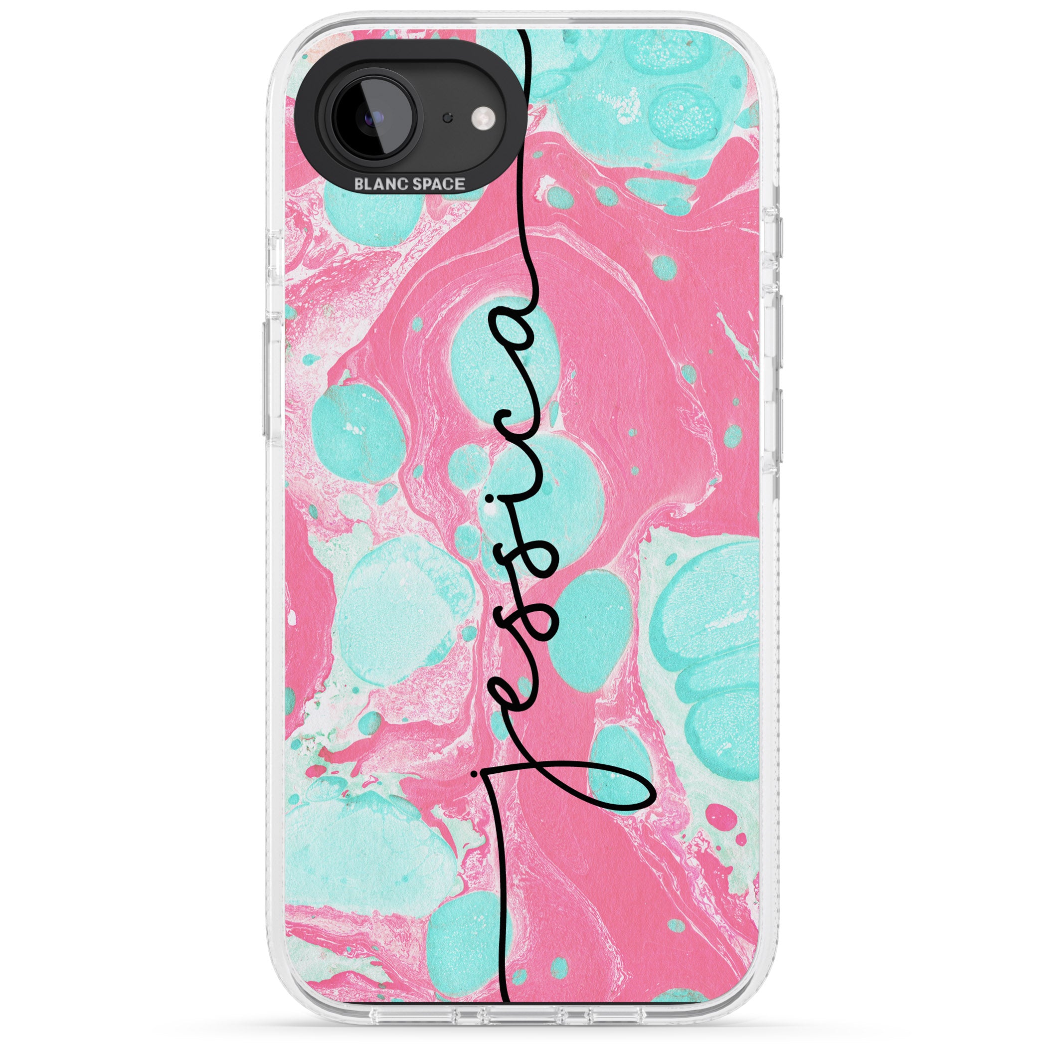 Personalised Turquoise & Pink - Marbled iPhone 16e Clear Case Impact Air - Blanc Space