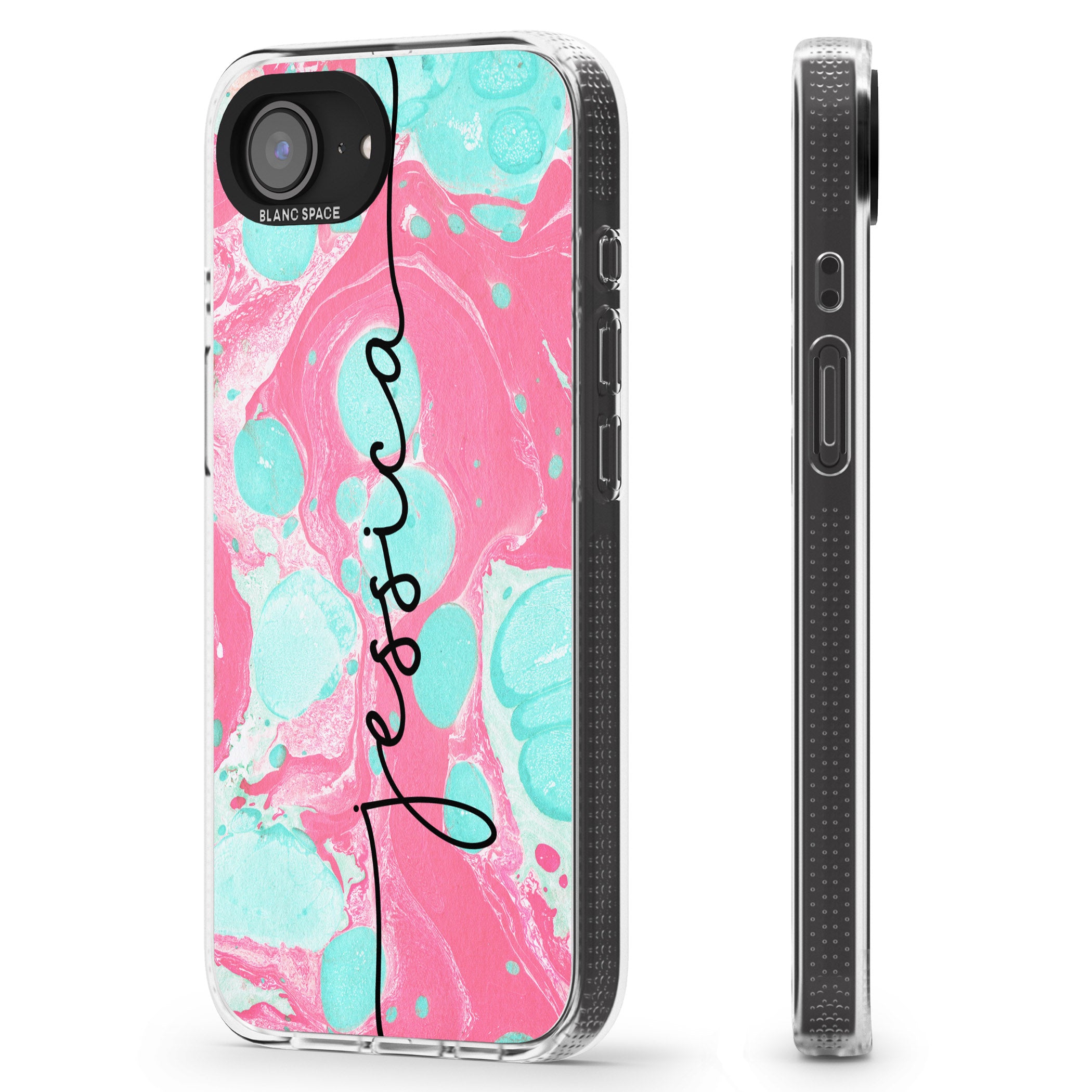 Personalised Turquoise & Pink - Marbled iPhone 16e Clear Case Impact Air - Blanc Space