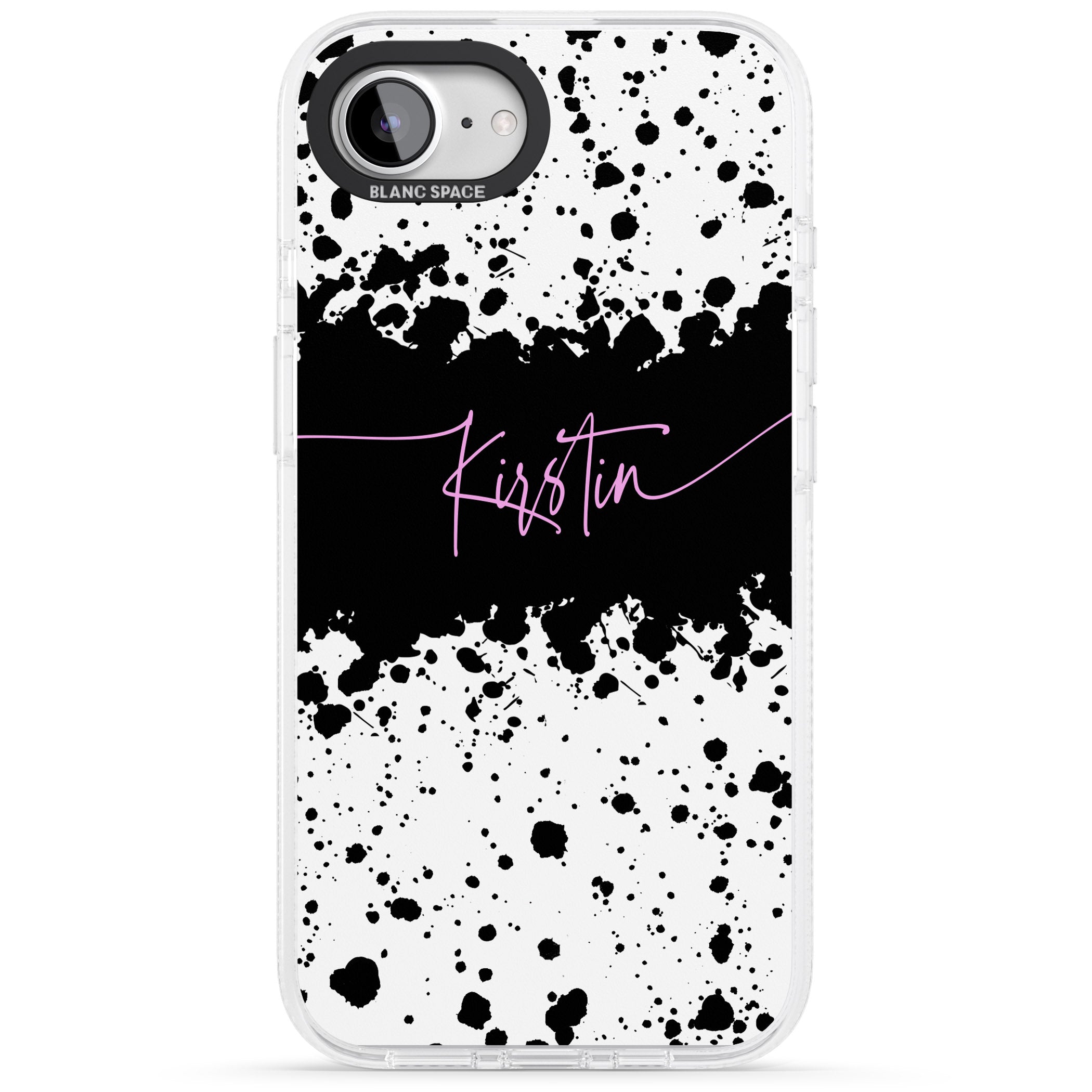 Personalised Black & White Paint Splatters iPhone 16e Clear Case Impact Air - Blanc Space