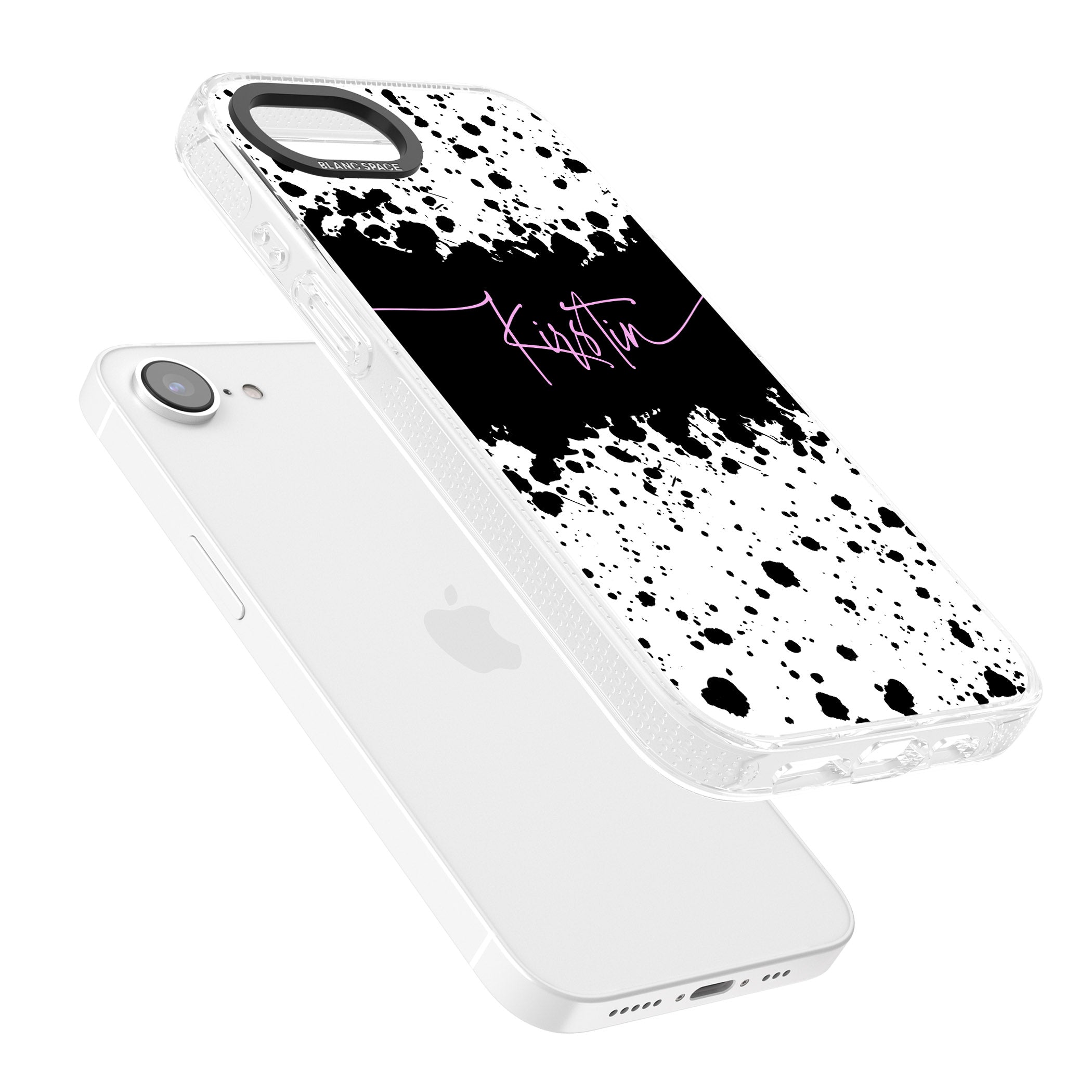 Personalised Black & White Paint Splatters iPhone 16e Clear Case Impact Air - Blanc Space