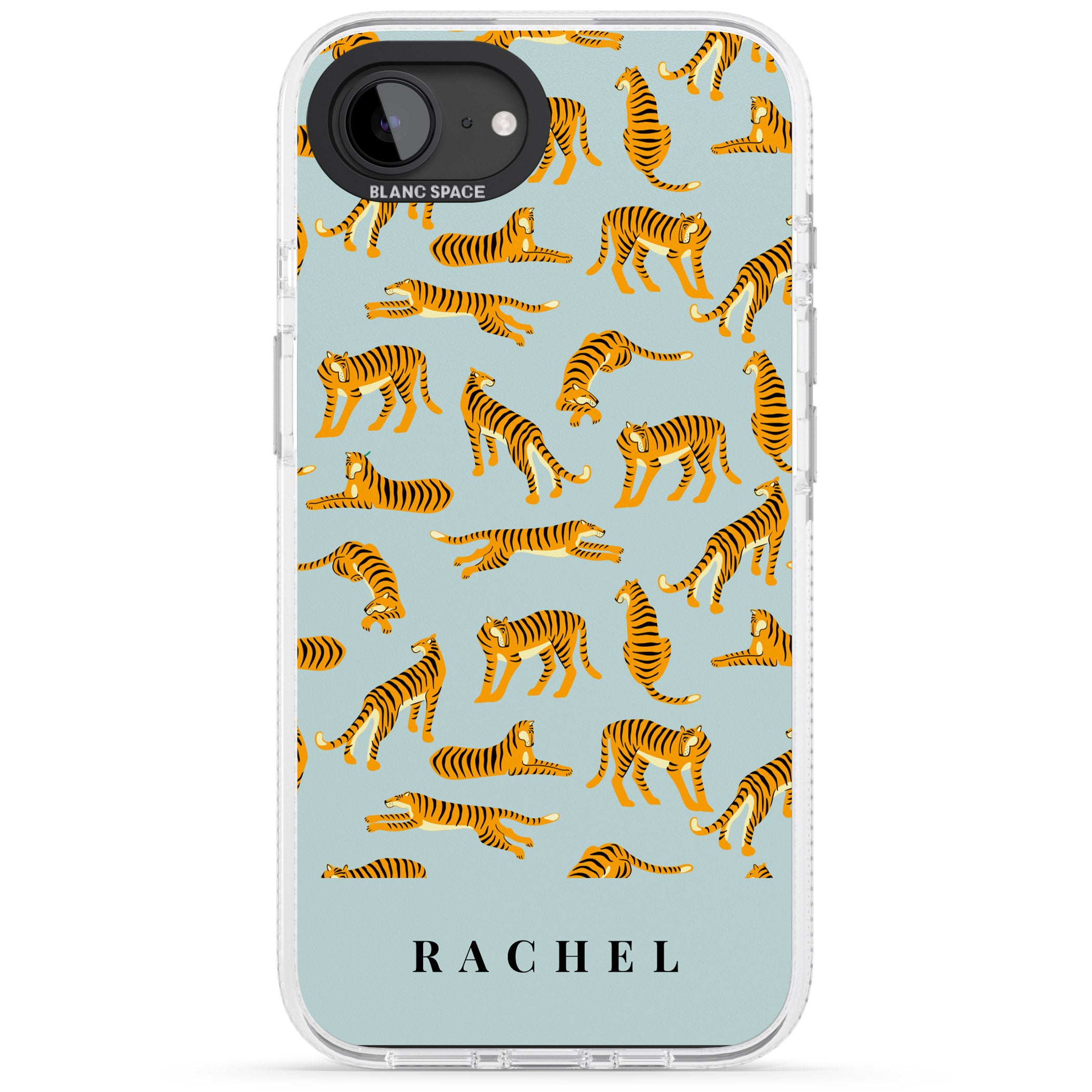 Personalised Tiger Pattern: Turquoise Blue iPhone 16e Clear Case Impact Air - Blanc Space