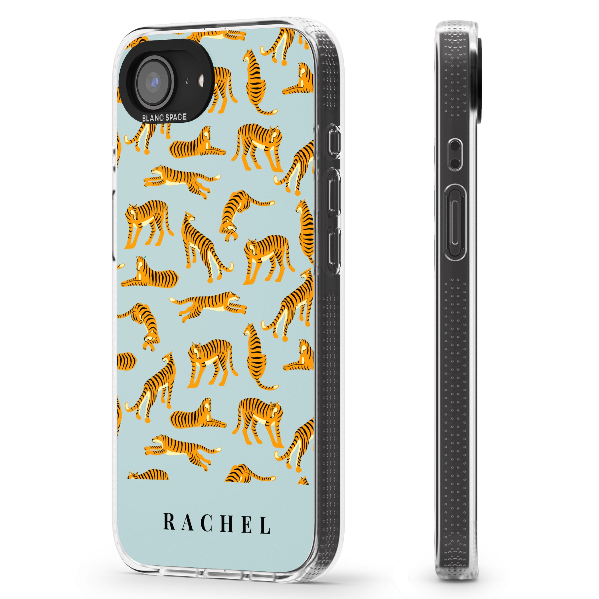 Personalised Tiger Pattern: Turquoise Blue iPhone 16e Clear Case Impact Air - Blanc Space